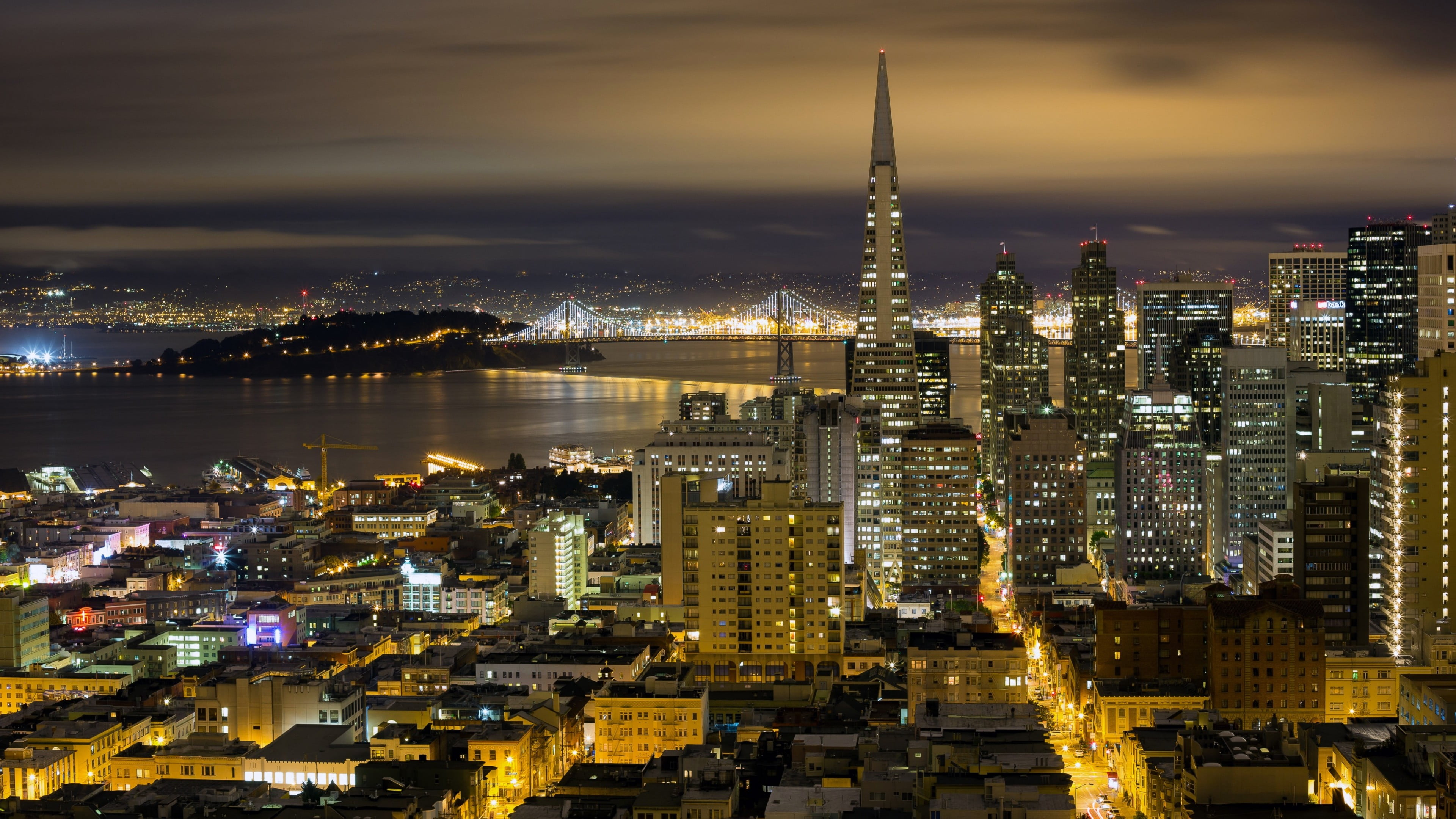 landmark, crowded, night, building exterior, office building exterior, built structure, cloud - sky, building, architecture, skyline, san francisco oakland bay bridge, HD Wallpaper