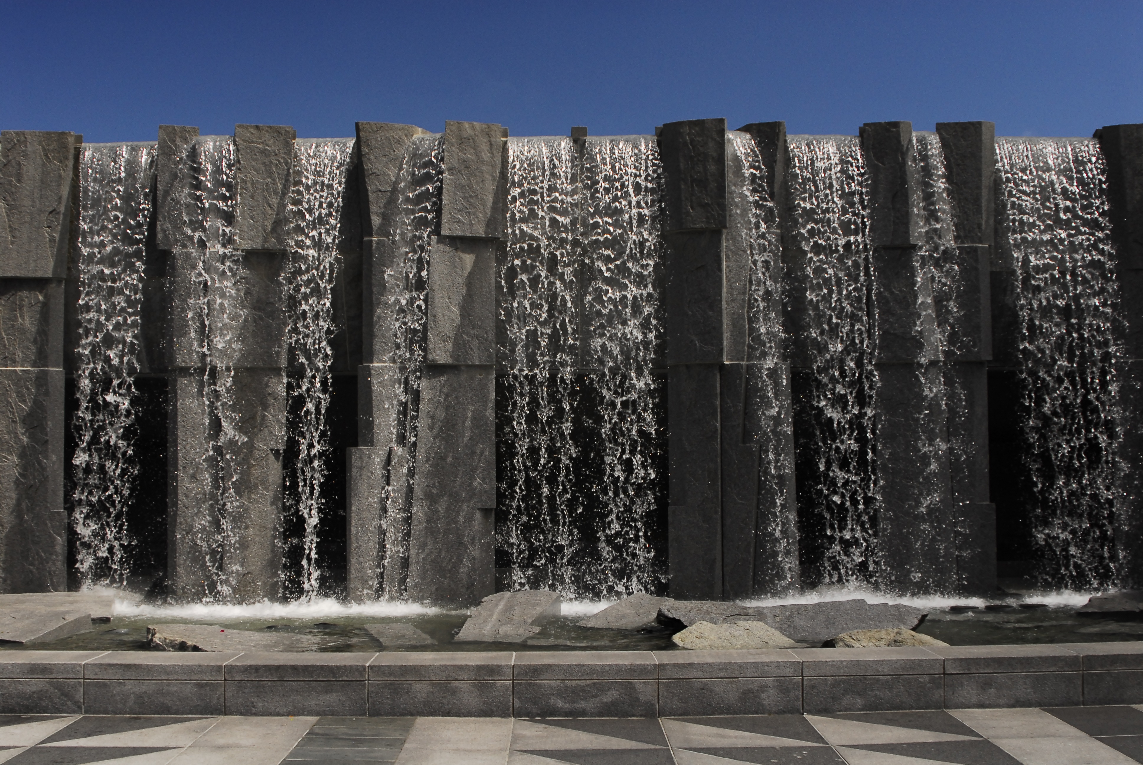 urban, waterfall, outdoors, built structure, yerba buena, rock - object, concrete, sunlight, solid, fountain, wood - material, nature, no people, sky, san francisco, HD Wallpaper