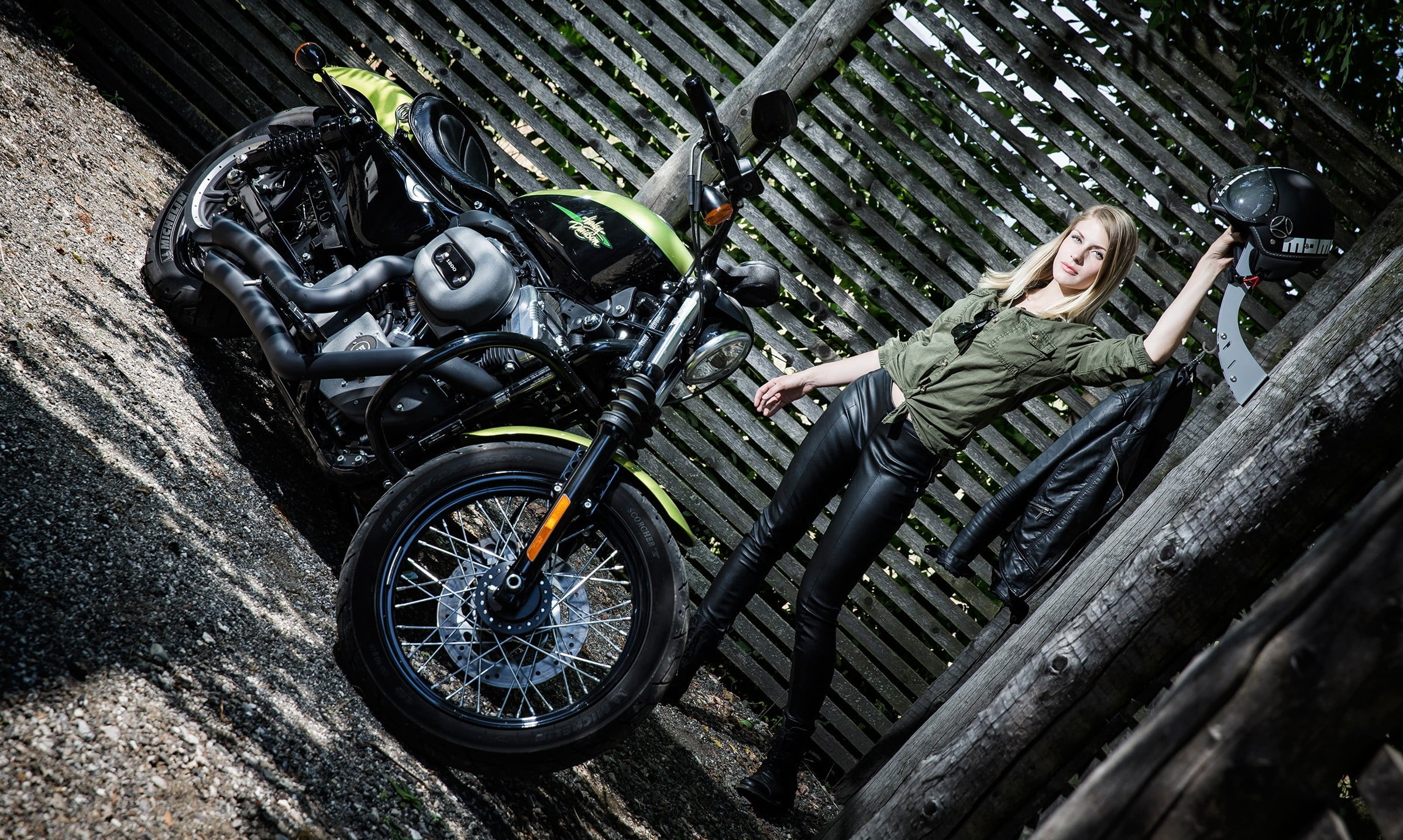 motorcycle, wheel, full length, lifestyles, women, bicycle, tilt, tire, outdoors, day, leisure activity, architecture, 1080P, built structure, land vehicle, HD Wallpaper