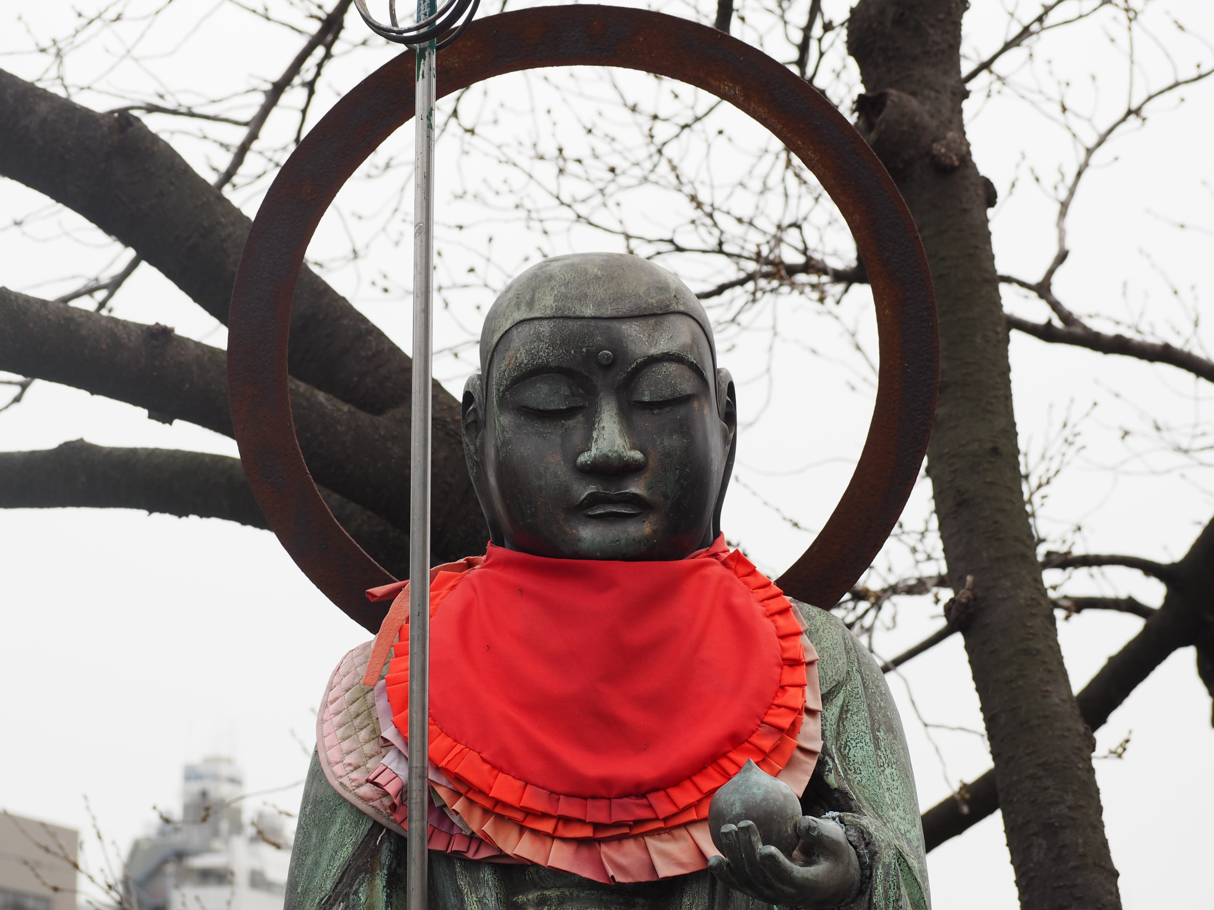 low angle view, sky, close-up, outdoors, bare tree, 4K, plant, statue, red, focus on foreground, day, japan, creativity, representation, jizo, no people, HD Wallpaper