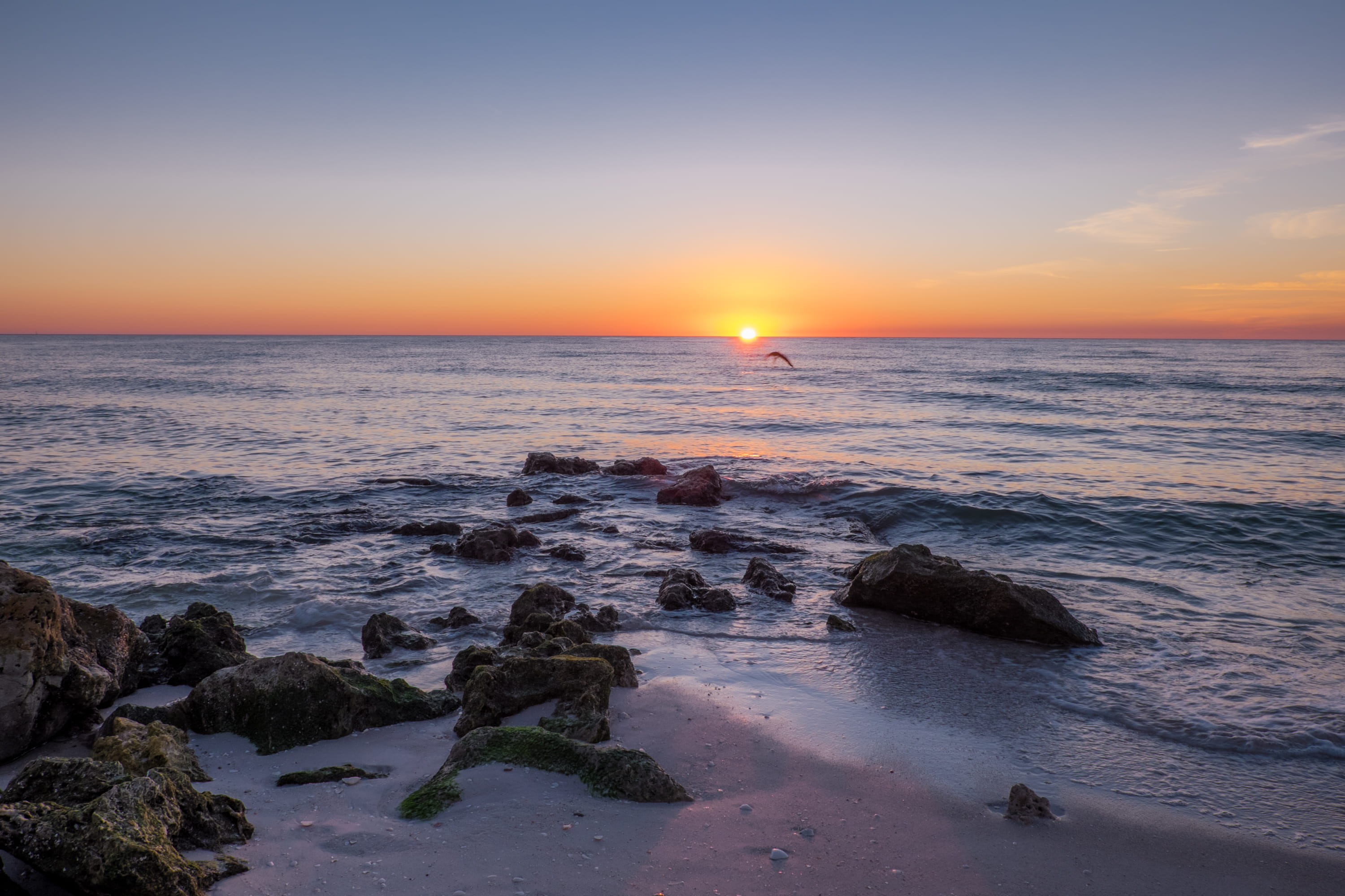 rock - object, nature, orange color, united states, idyllic, 2K, horizon, sunset, sun, tranquil scene, beach, outdoors, sea, land, beauty in nature, water, HD Wallpaper