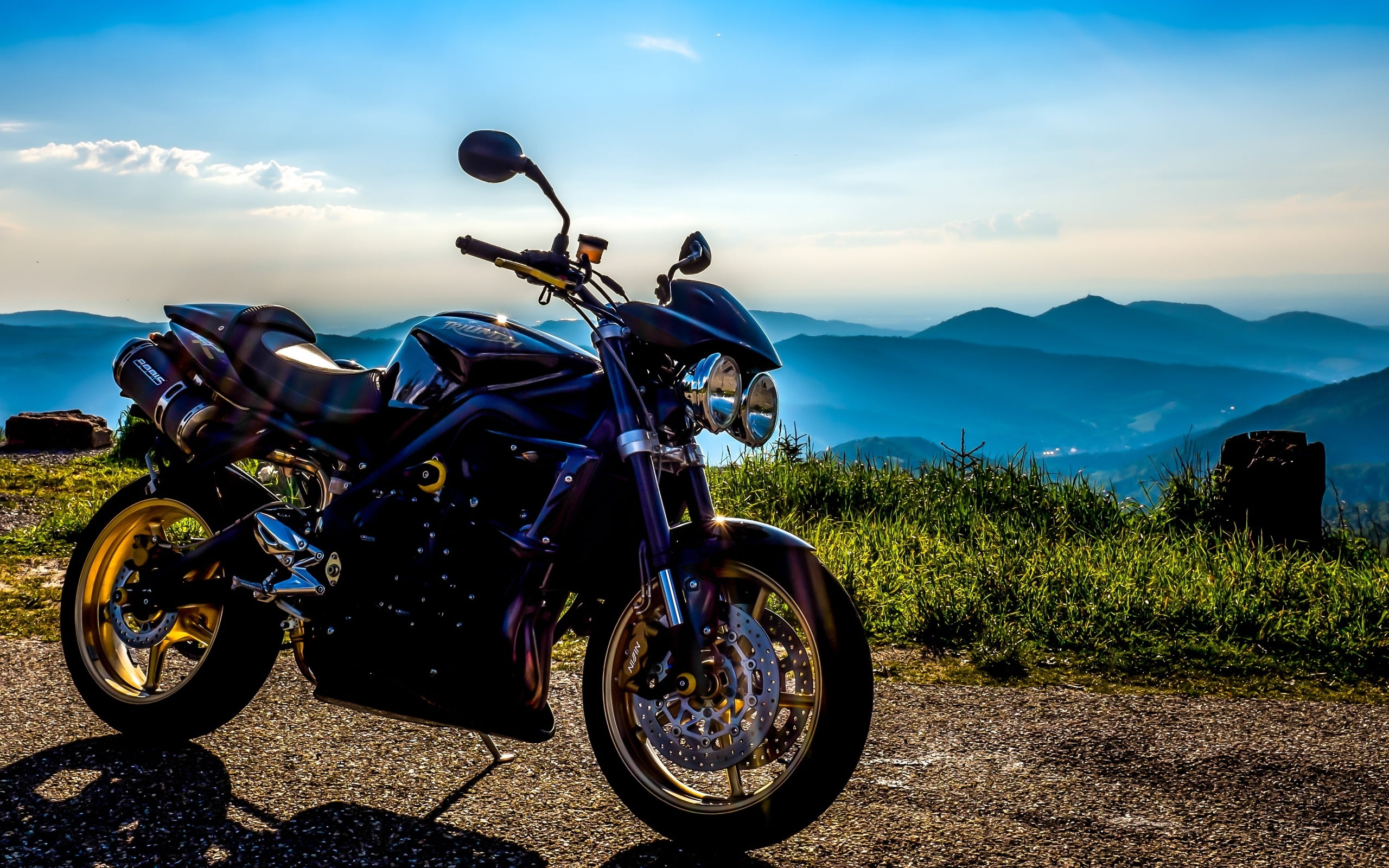 sports, outdoors, nature, stationary, scenics - nature, environment, non-urban scene, Motorcycles, mountain, black, day, motorcycle, cloud - sky, mode of transportation, HD Wallpaper