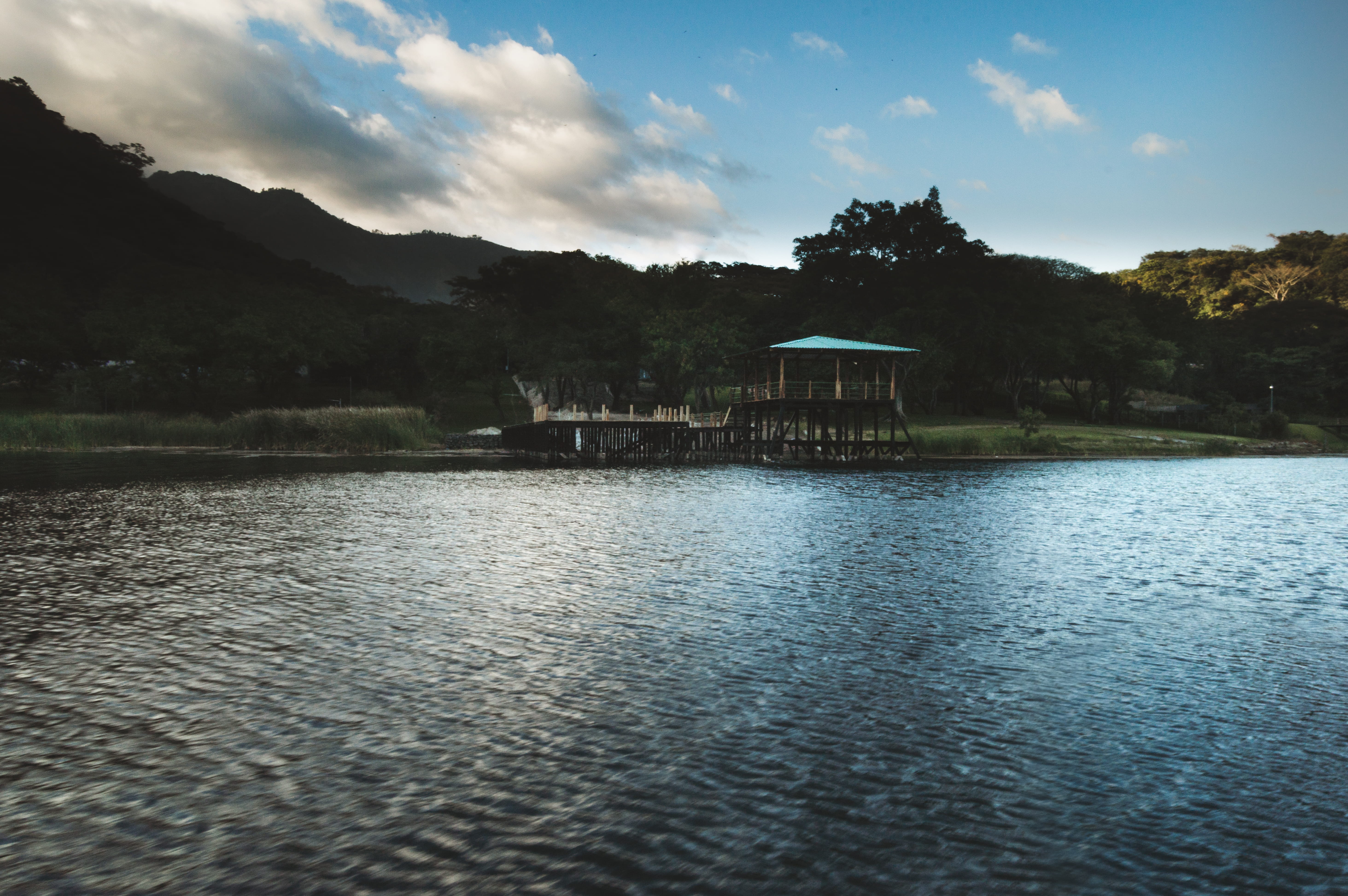 island, forest, tranquility, sky, scenics - nature, muelle, tree, tranquil scene, el salvador, trees, water, afternoon, built structure, waterfront, lake, HD Wallpaper