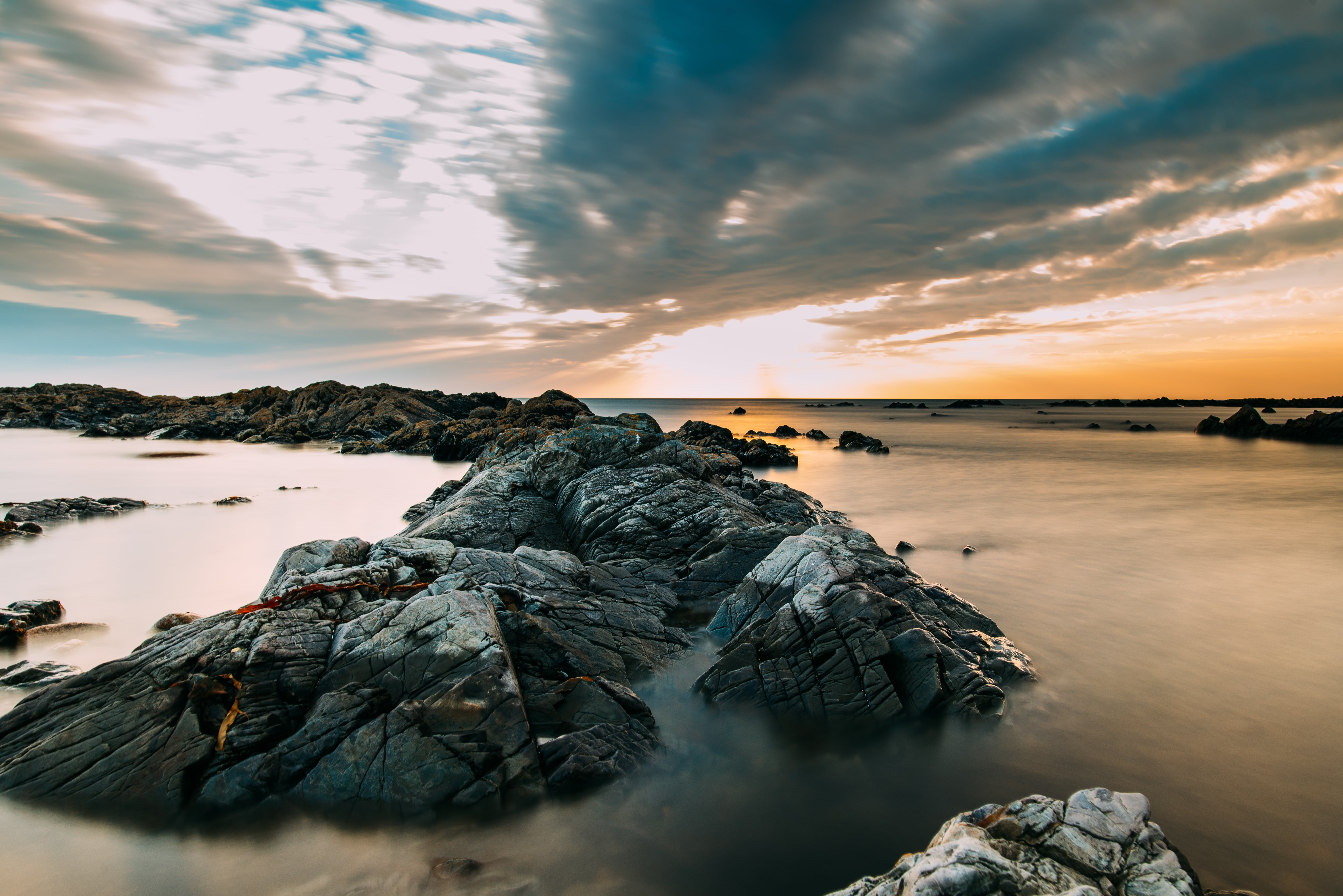 Long  exposure, dusk, sky, Clouds, landscape, outdoors, Sunset, summer, nature, Nikon  D750, formations, water, Sea, rock - Object, beach, 5K, rock, Jersey, HD Wallpaper