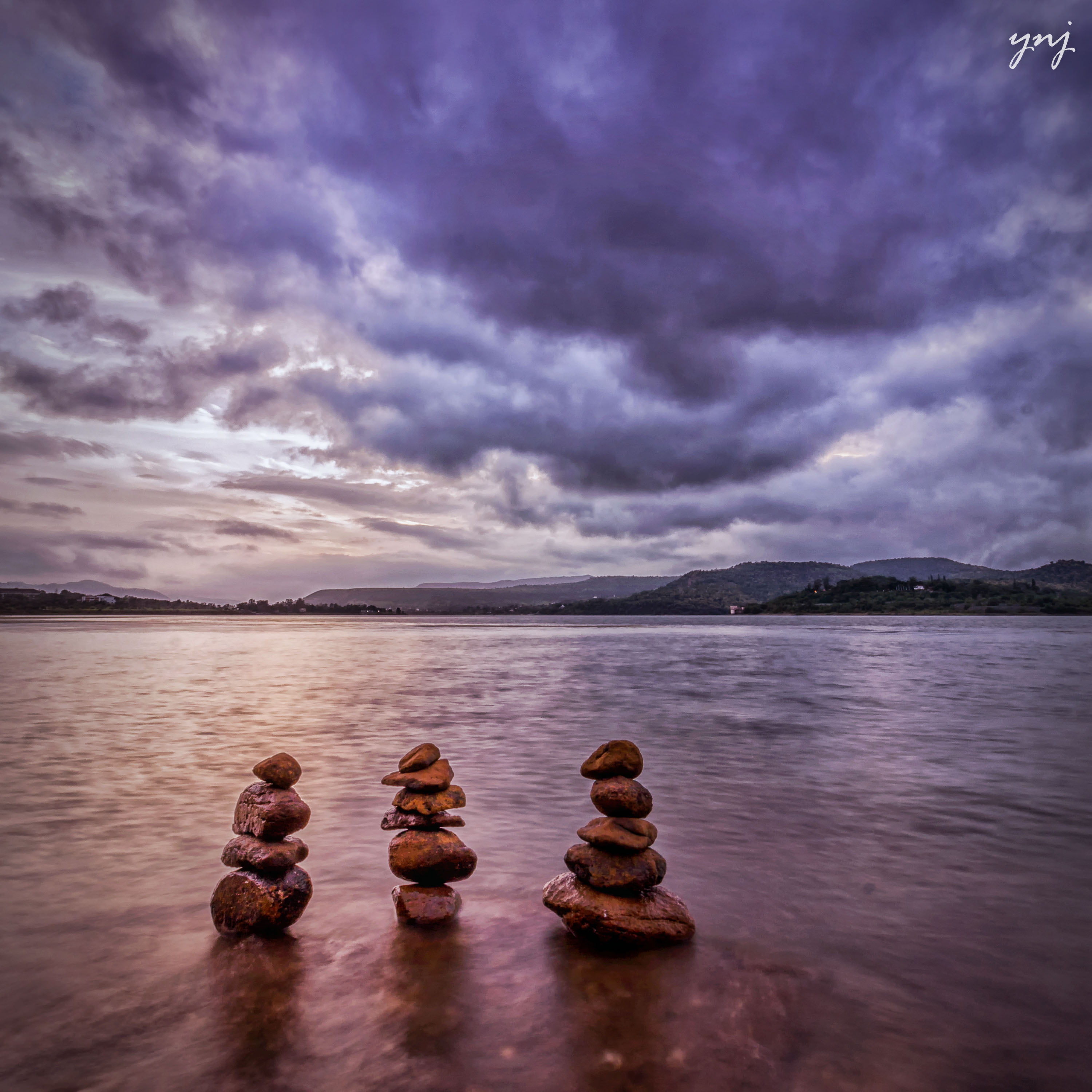 three, front, monsoon, lake, 10mm, 2K, scenics, landscape, india, reflection, photo, square, coastline, summer, purple, outdoors, rocks, sky, water, pune, Phone HD Wallpaper