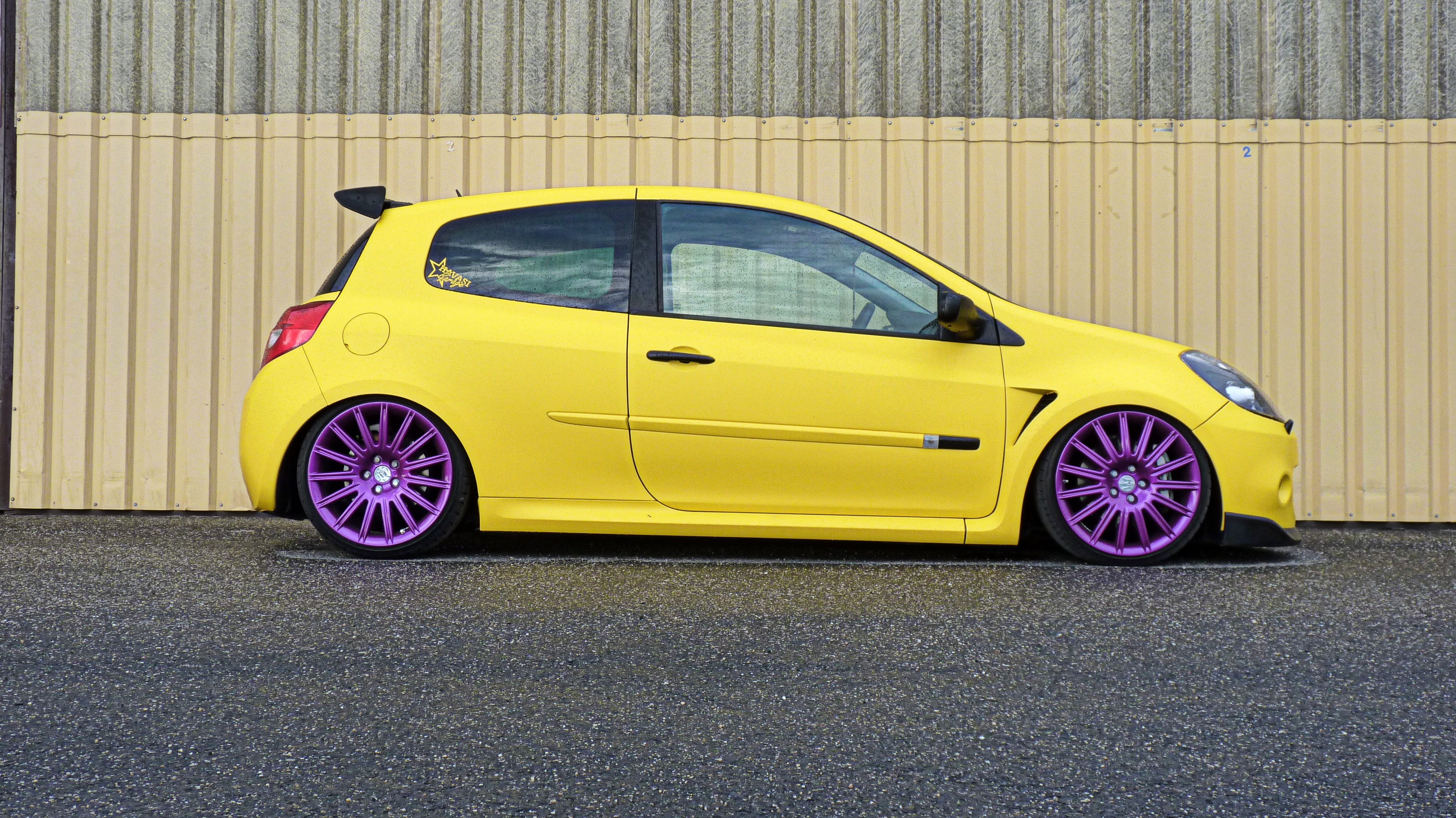 yellow, outdoors, architecture, motor vehicle, stationary, Stance, road, Renault, mode of transportation, sports car, day, Renault Clio, city, wall - building feature, HD Wallpaper