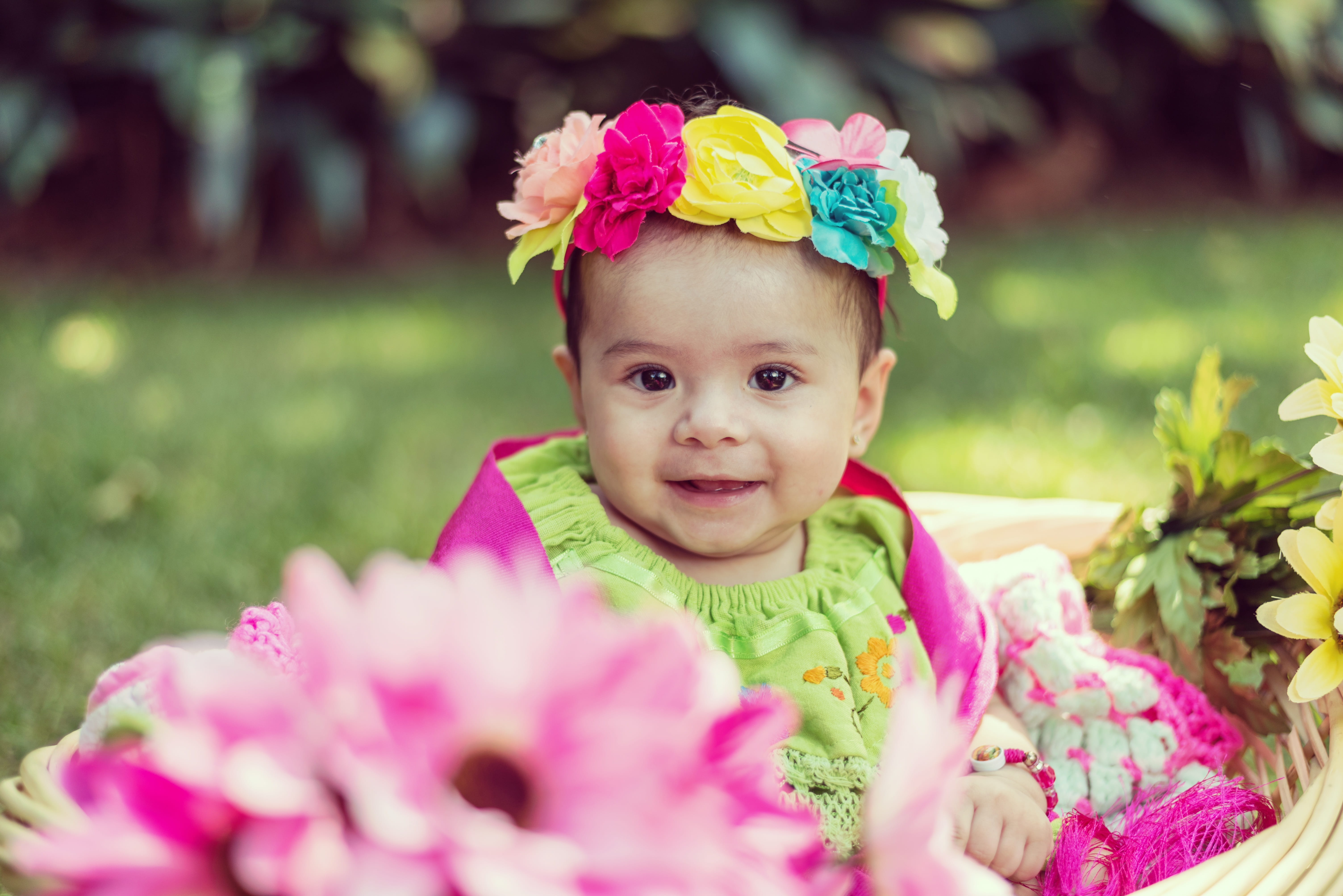 childhood, girl, close-up, portrait, headshot, happiness, grass, flower, day, front view, little, outdoors, garden, flowering plant, hayfield, baby, 5K, HD Wallpaper