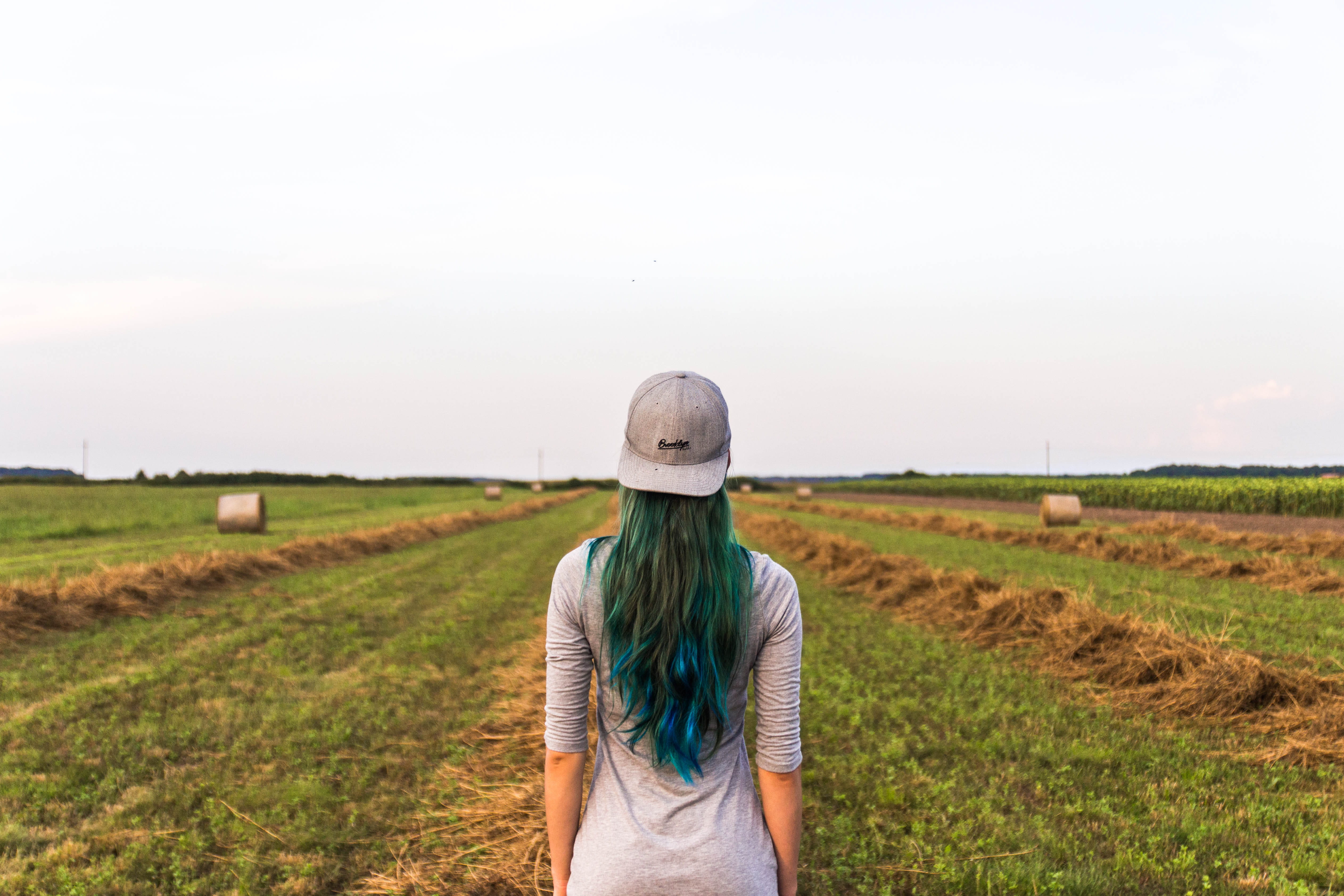 4K, cap, cropland, adult, obscured face, girl, pasture, countryside, agriculture, woman, sky, farmland, hairstyle, crops, one person, growth, farm, farmer, HD Wallpaper