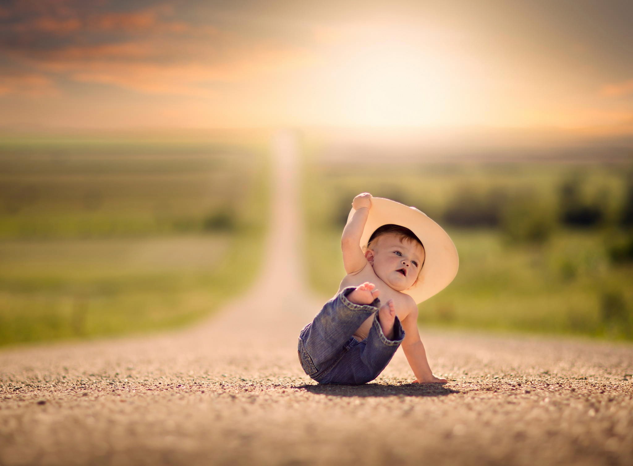 fall, road, space, hat, jeans, bokeh, boy, small, 1080P, HD Wallpaper