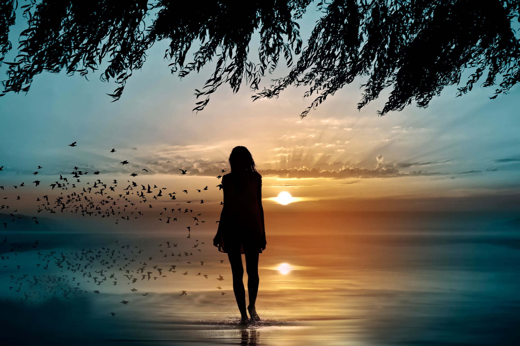 beach, looking at view, sunset, beauty In Nature, adult, beautiful, sunlight, silhouette, vacations, females, full length, summer, twilight, tranquil Scene, HD Wallpaper