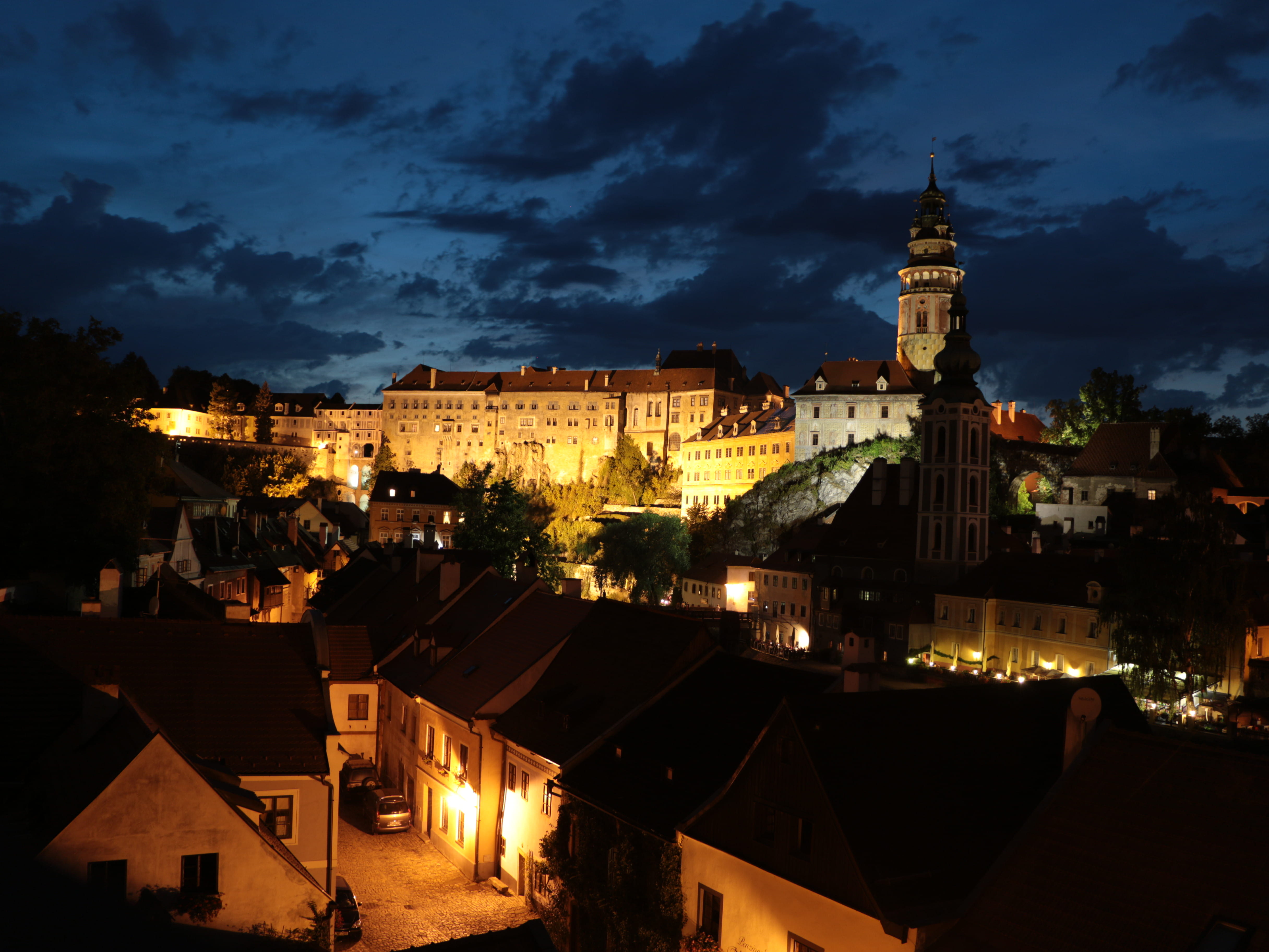 no people, dusk, spire, český krumlov, history, building, night, outdoors, travel destinations, 4K, unesco, sky, czechia, place of worship, travel, nature, HD Wallpaper