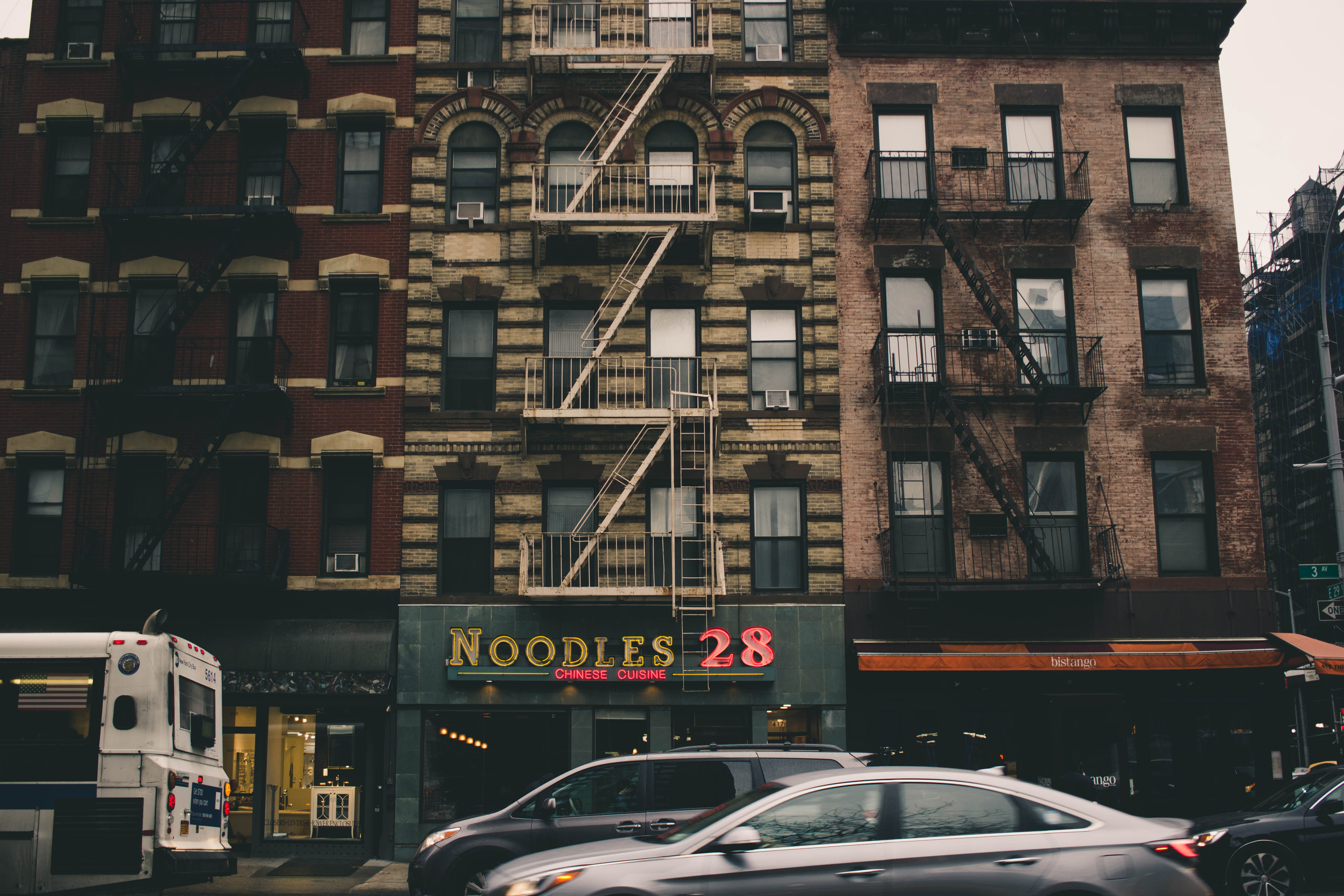 fire escape, architecture, street, building exterior, nyc, text, city, town house, new york, day, land vehicle, motor vehicle, 4K, building, stairs, united states, HD Wallpaper
