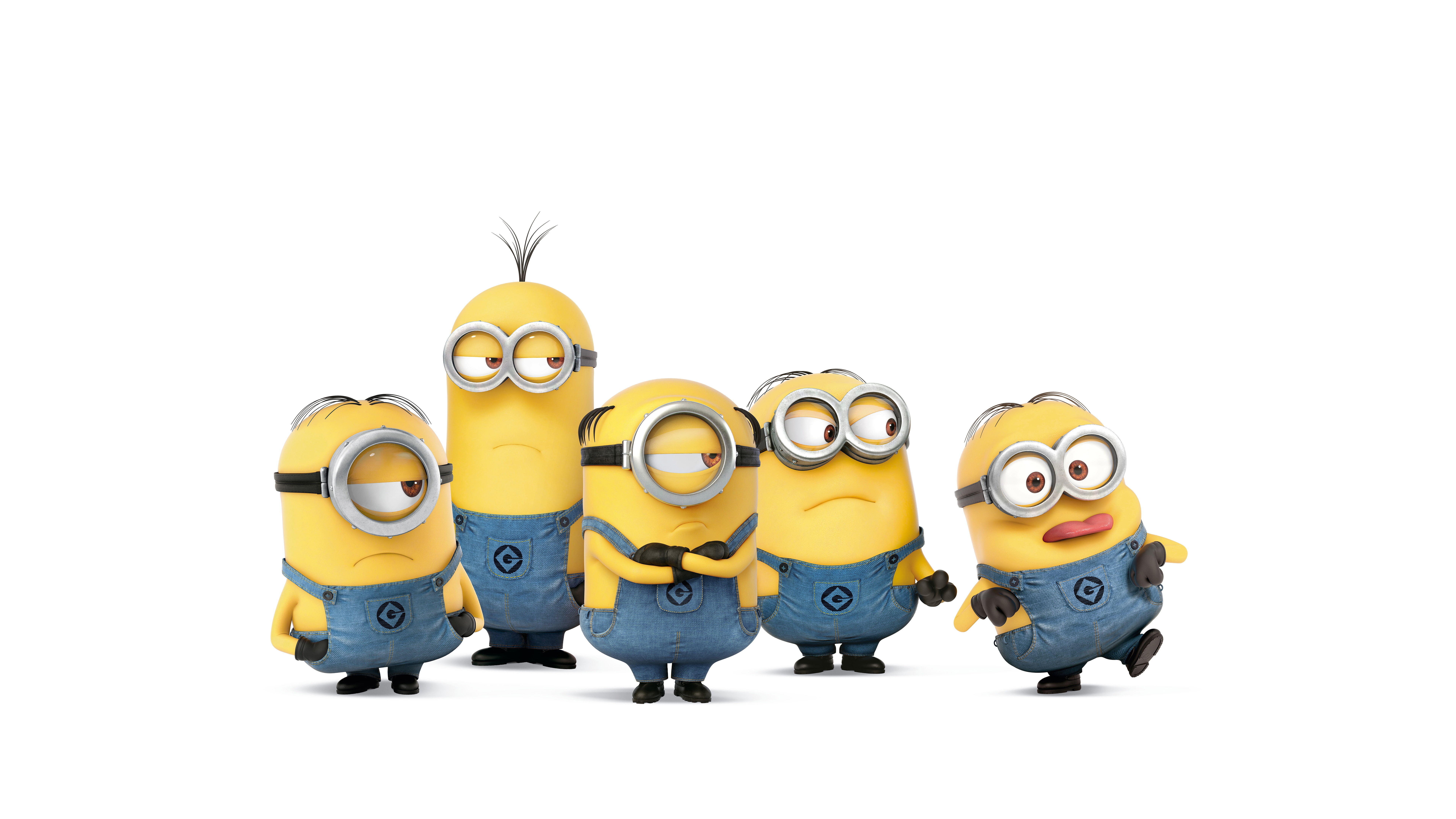 8K, jumpsuits, yellow, Minions, gloves, characters, five, glasses, white background, cartoon, shoes, HD Wallpaper