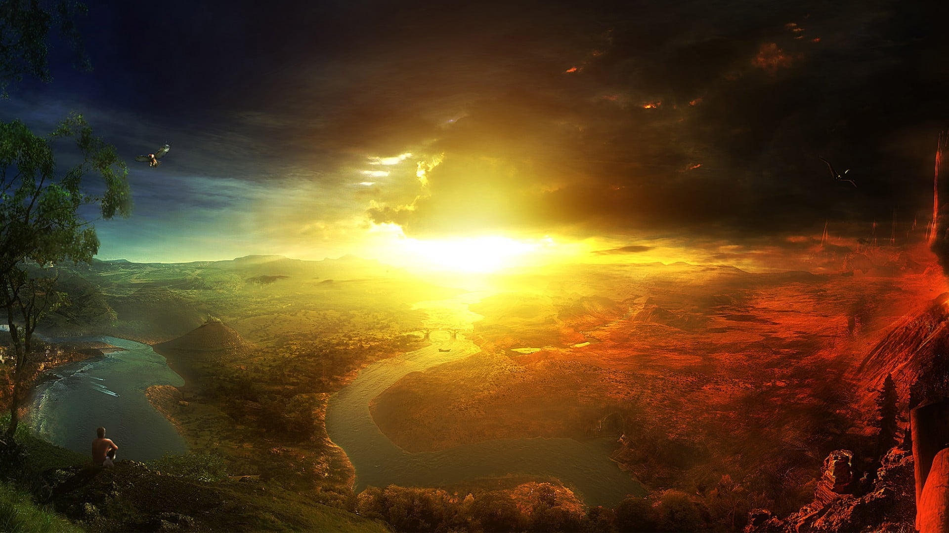 fantasy art, large, tranquil scene, digital art, sunset, land, outdoors, scenics - nature, landscape, photo, environment, plant, sunlight, 1080P, aerial, HD Wallpaper