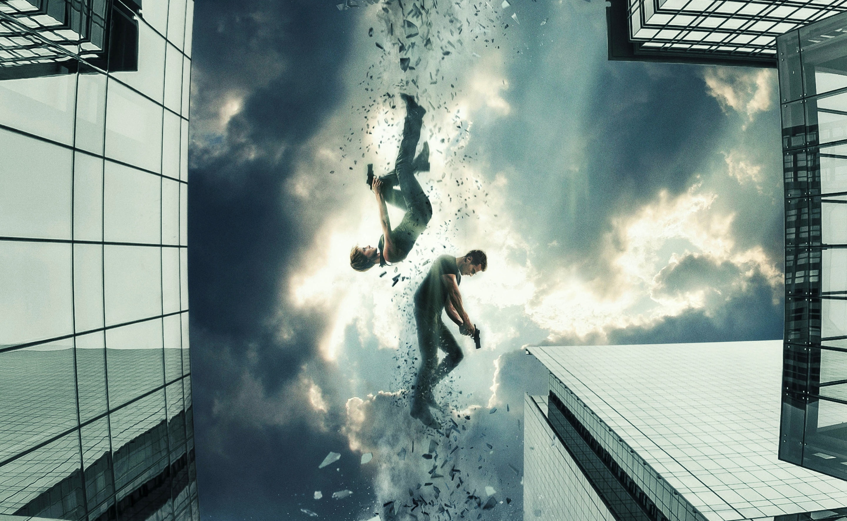 men, full length, outdoors, day, sky, real people, 2015, Movies, reflection, movie, cloud - sky, city, building, Theo James, Insurgent, glass - material, HD Wallpaper