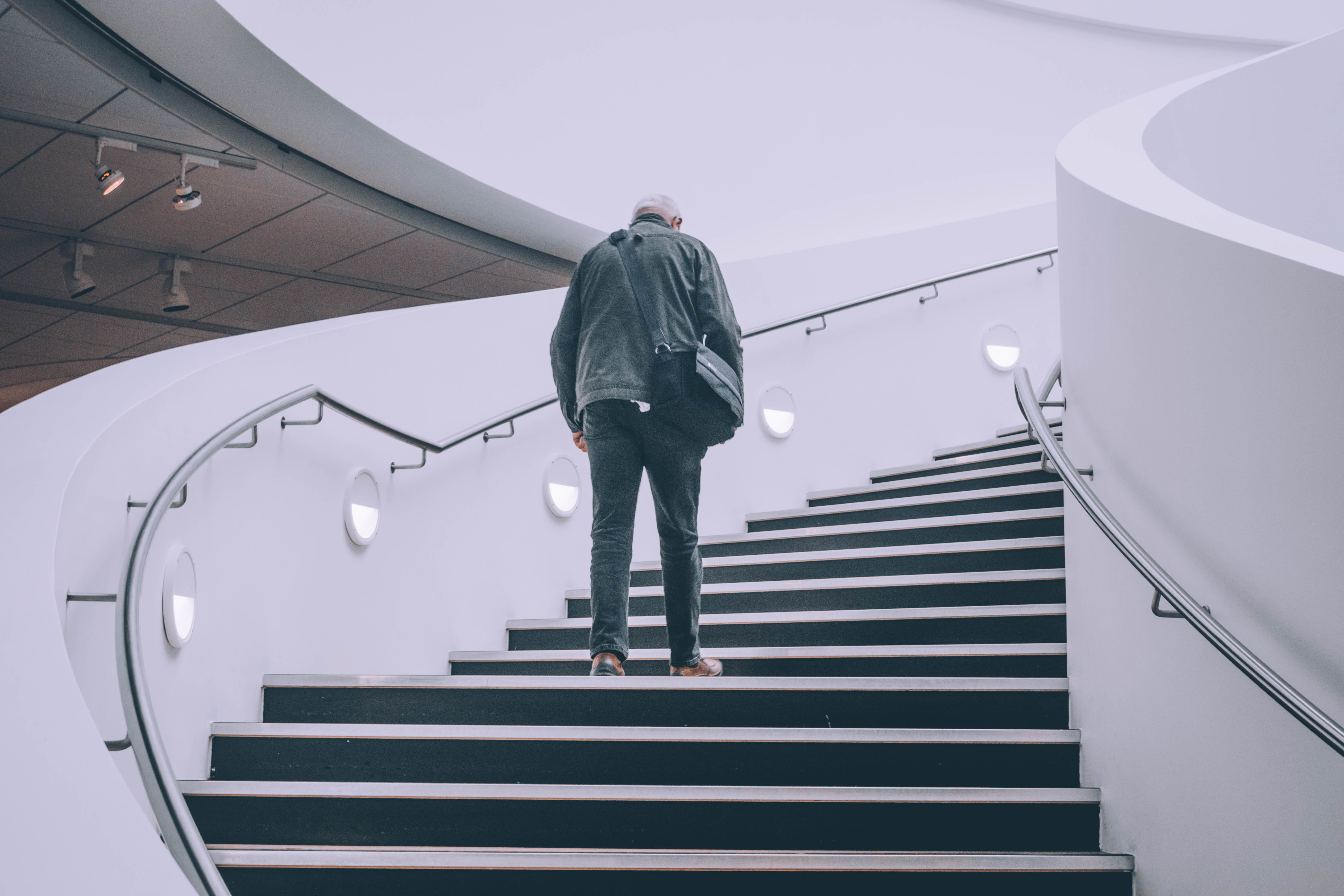 concrete, casual clothing, adult, jacket, tone, low angle view, indoor, built structure, full length, 5K, standing, staircase, lifestyles, liverpool, railing, HD Wallpaper