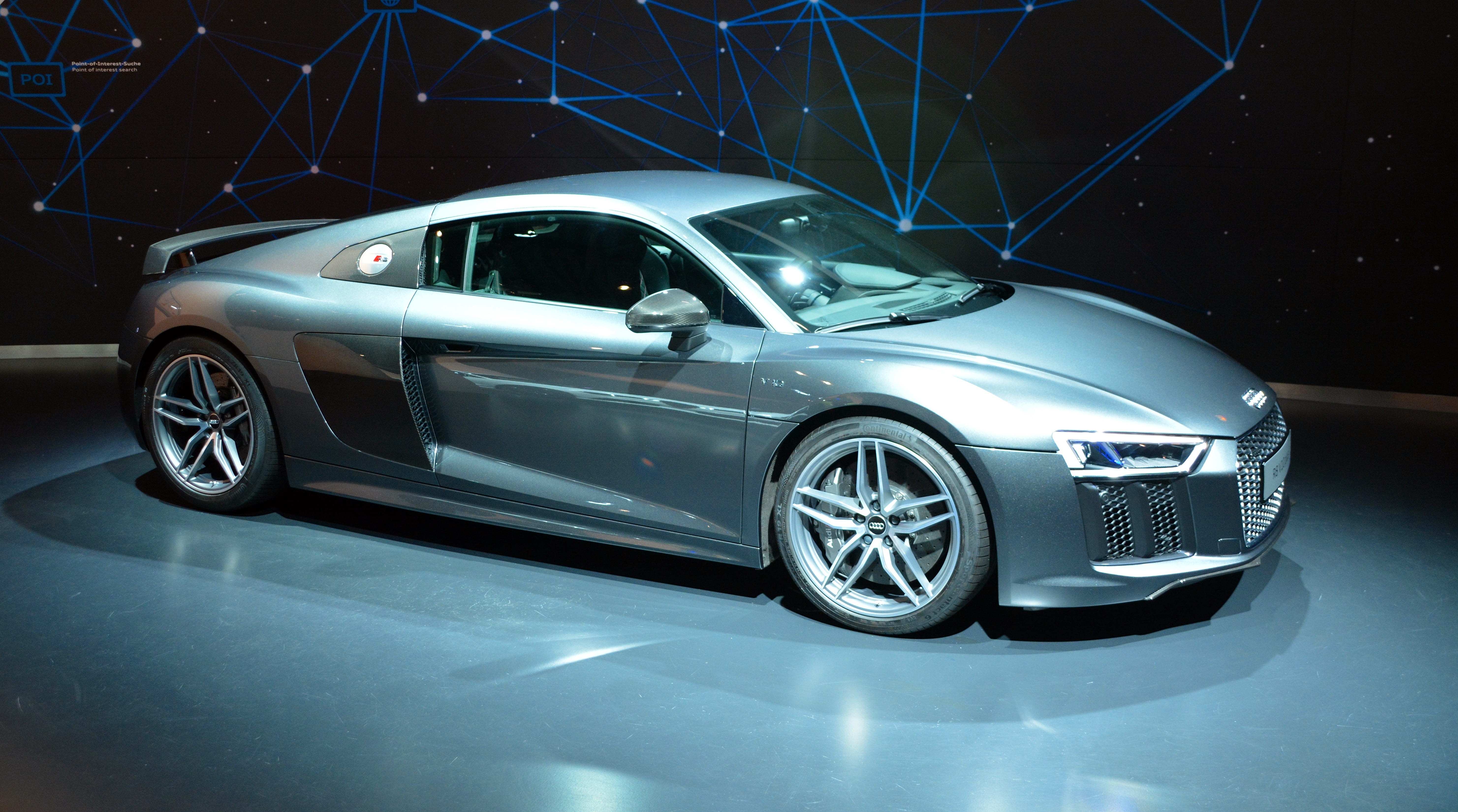 shiny, 5K, silver, sports car, audi, transportation, background, v10, blue, vehicles, r8, wheel, silver colored, sport, coupe, indoors, wealth, reflection, HD Wallpaper
