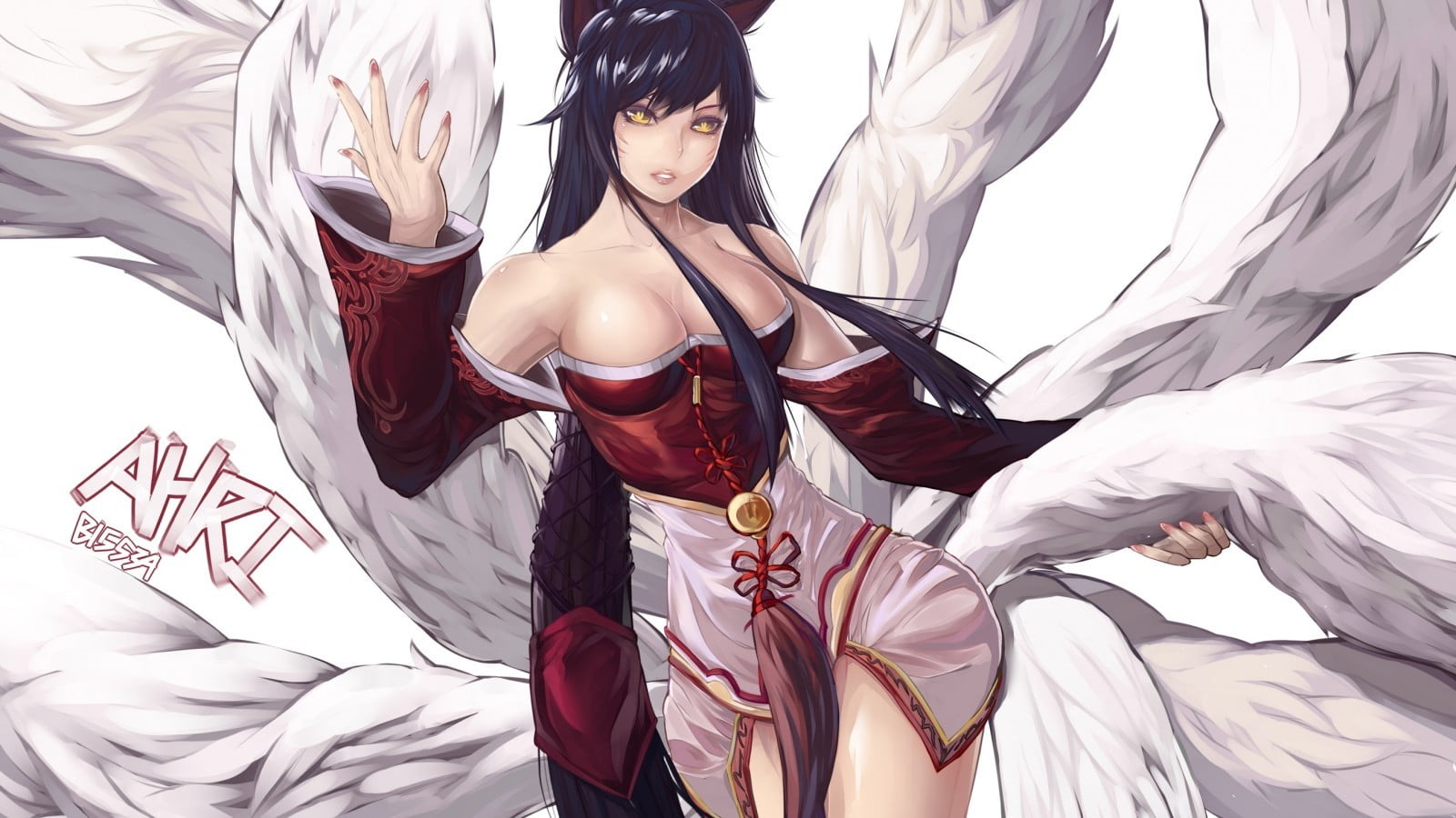 720P, female, red, white color, indoors, one person, fox, Ahri, illustration, beauty, real people, adult, beautiful woman, front view, young adult, textile, HD Wallpaper