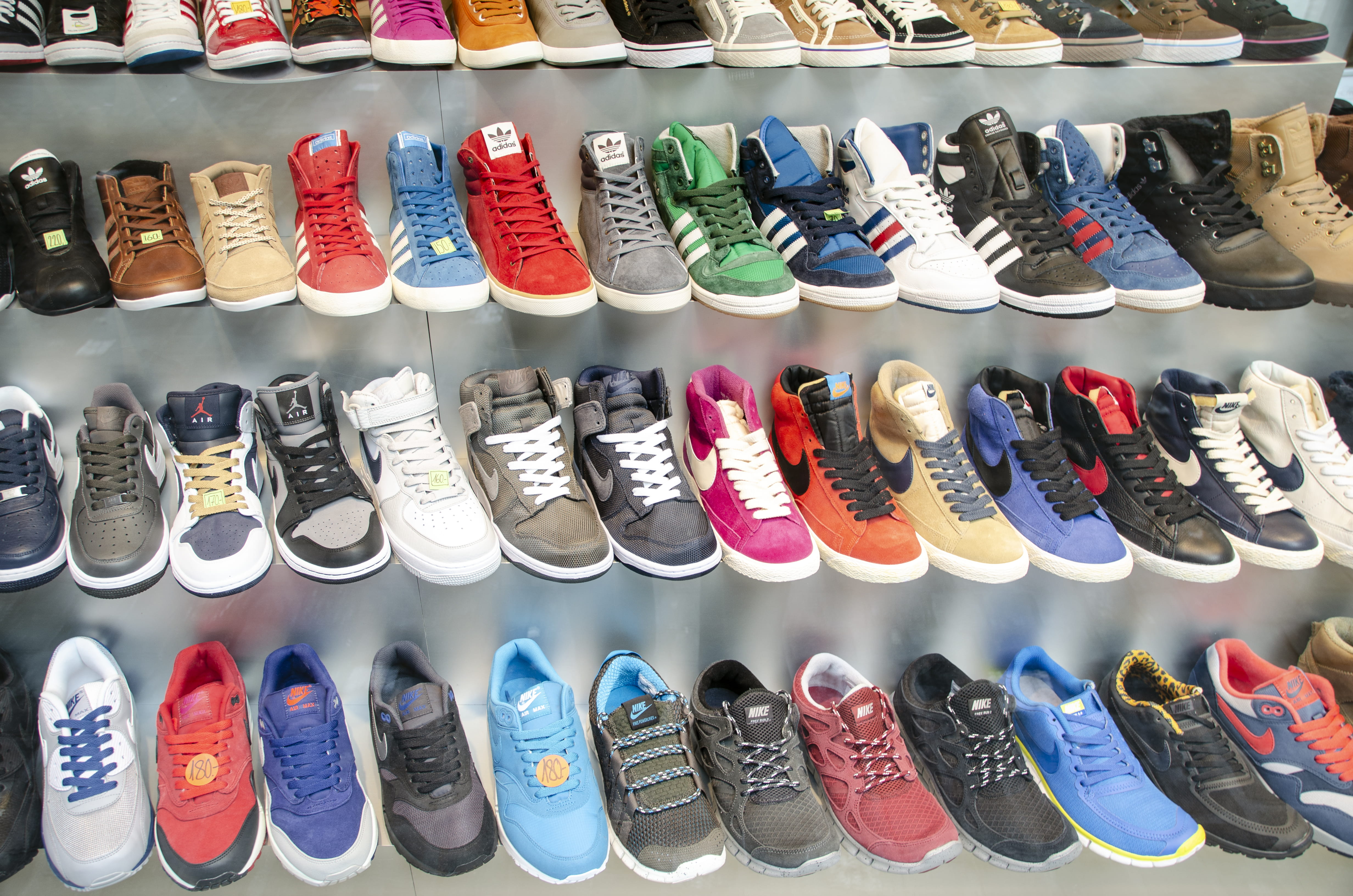 large group of objects, colorful, indoors, shoes, order, abundance, blue, consumerism, shoe shop, sneaker, sneakers, display, footwear, clothing, arrangement, HD Wallpaper