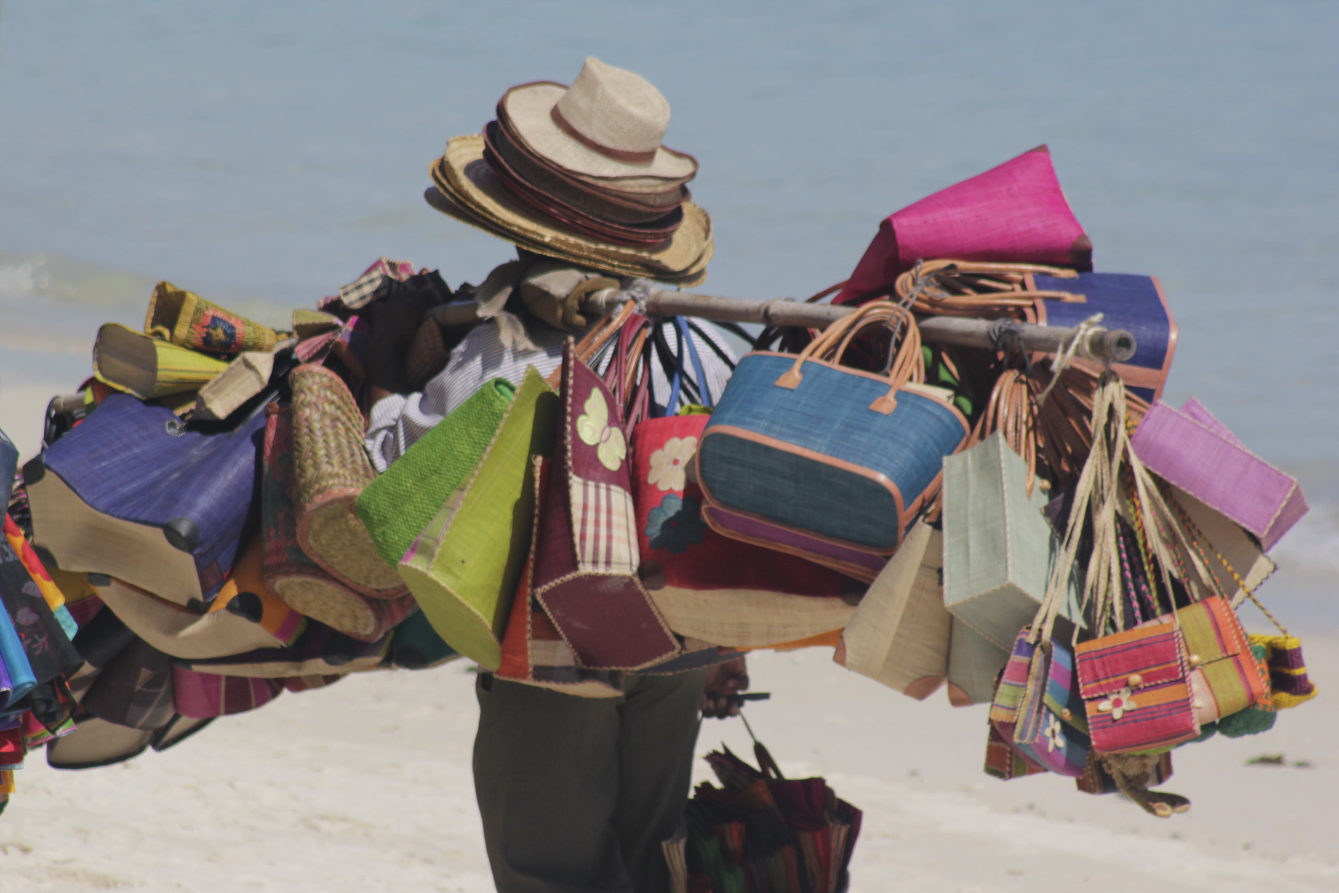 exotic, basket, mauritius, colour, sell, colorful, beach seller, hat, buying, color, 4K, sun, shopping, protection, outdoors, real people, clothing, market, HD Wallpaper