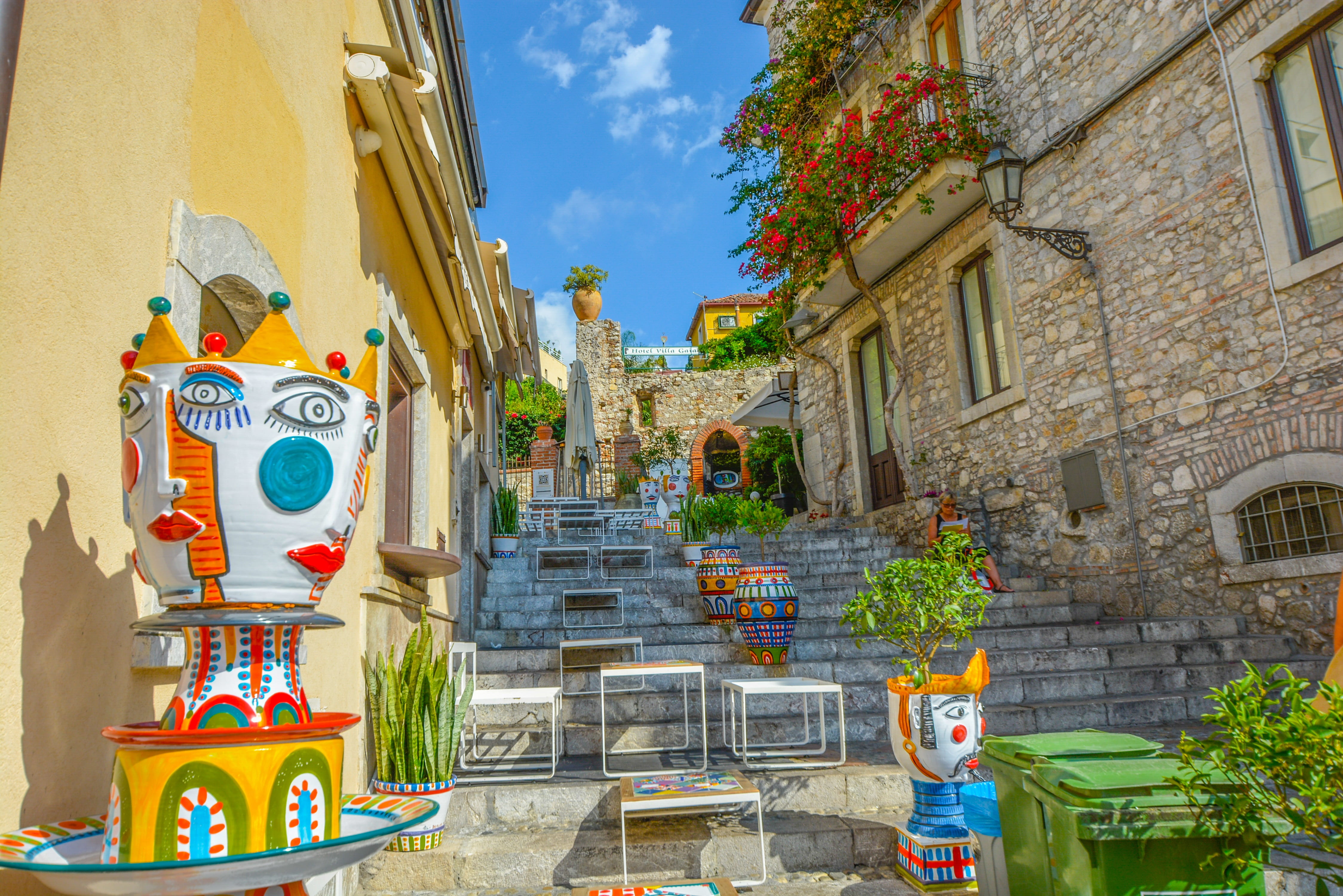 concrete, taormina, building, town, brown, day, creativity, art, street, nature, sicily, green, village, human representation, vase, building exterior, HD Wallpaper