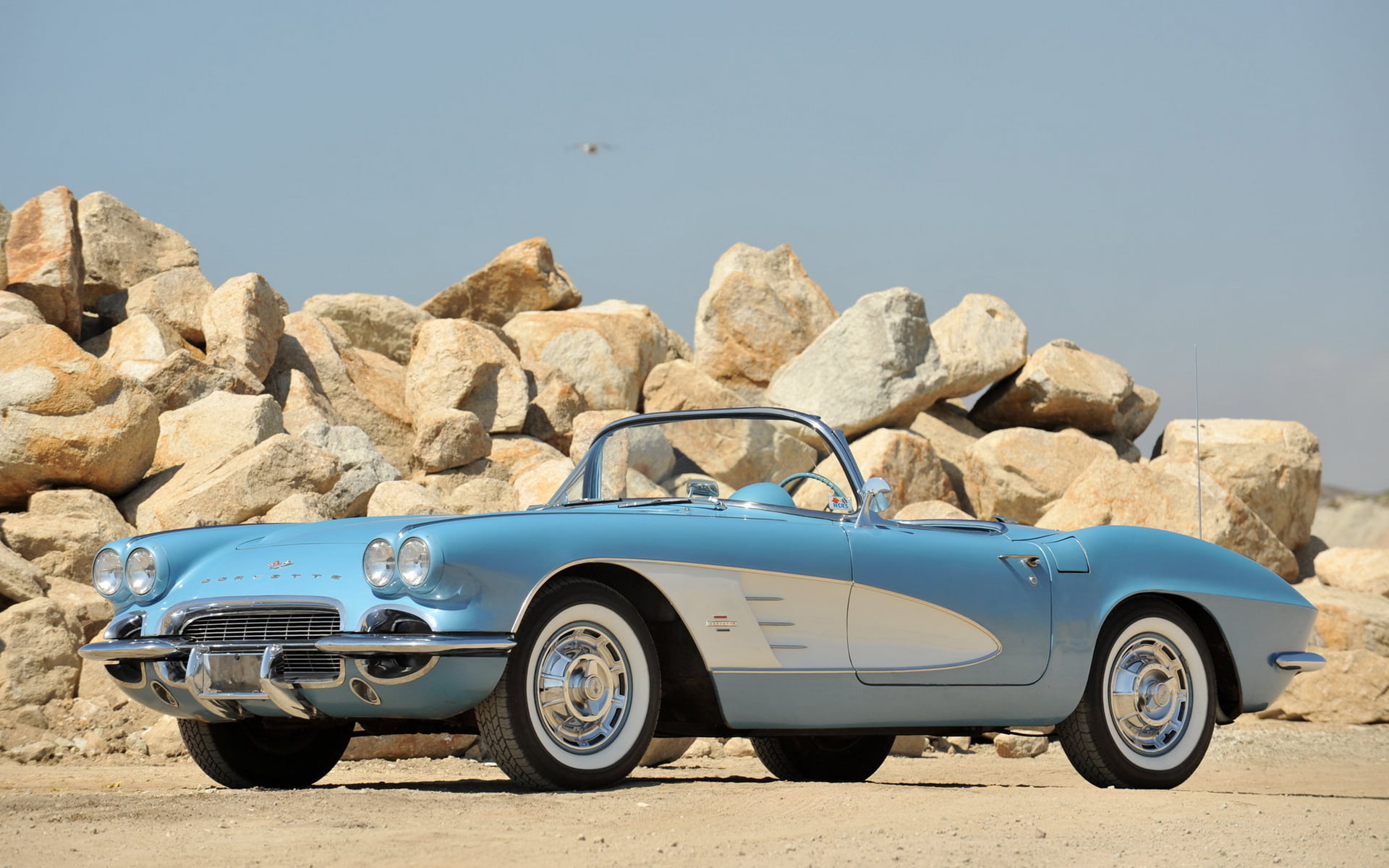 retro, land vehicle, stationary, day, solid, nature, sunlight, sky, road, 1080P, land, motor vehicle, coupe, blue, chevrolet, 1953, transportation, clear sky, HD Wallpaper