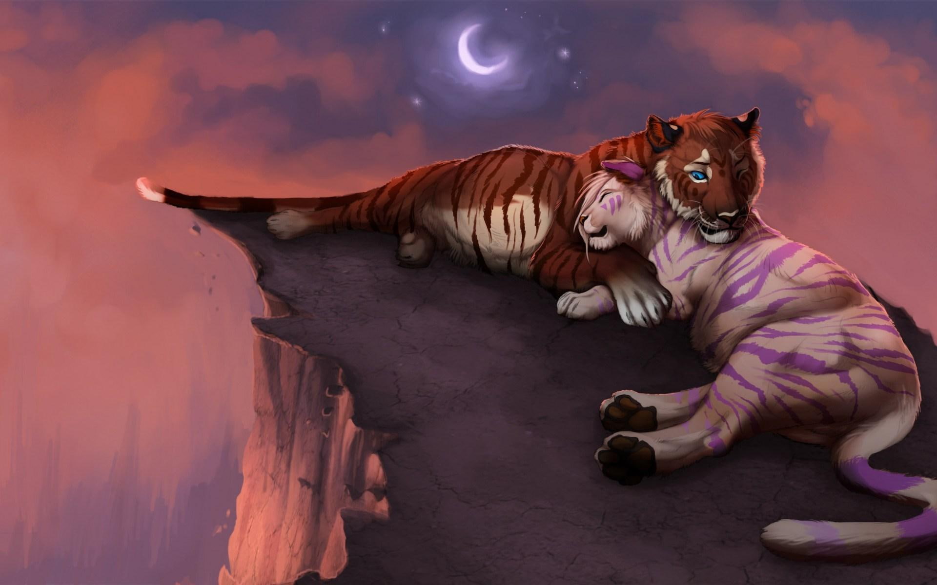 moon, tigers, tigress, 1080P, art, stars, tiger, sky, illustration, HD Wallpaper