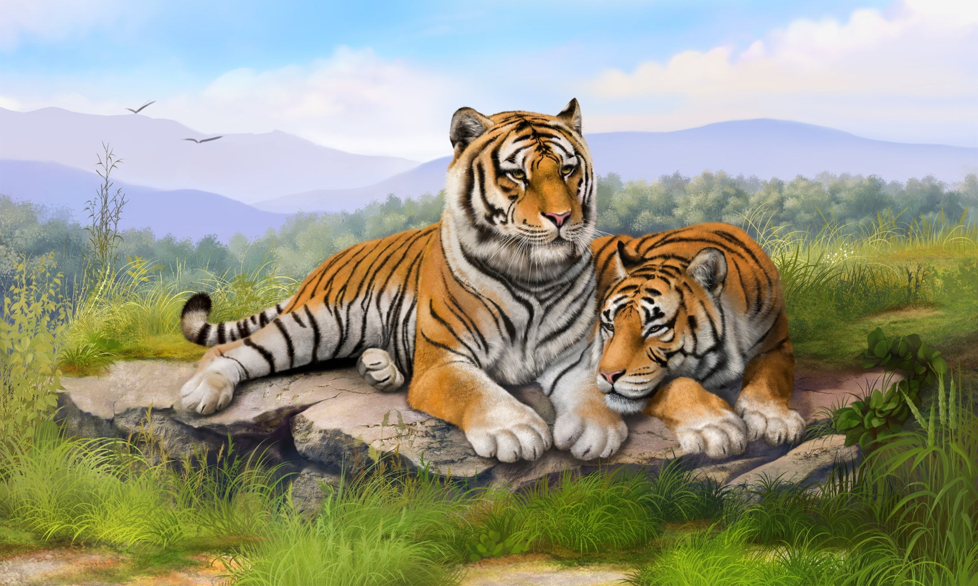resting, animal themes, painting, big cat, relaxation, vertebrate, striped, Landscape, feline, animal, animals in the wild, no people, Tiger, plant, tigress, HD Wallpaper