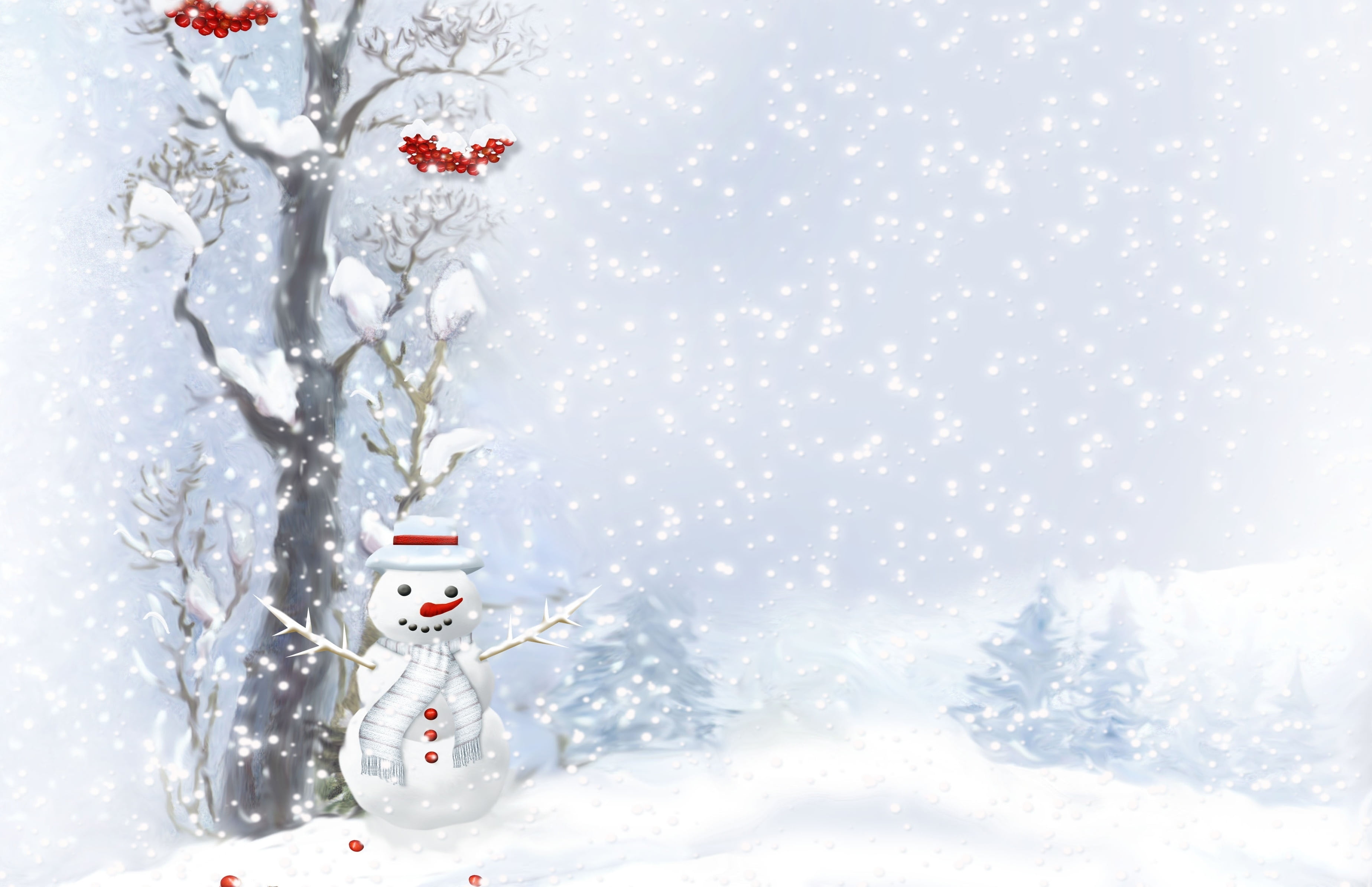 snowman, trees, ice, warm clothing, white color, frost, celebration, christmas decoration, blue, december, christmas ornament, happiness, man, snowing, HD Wallpaper