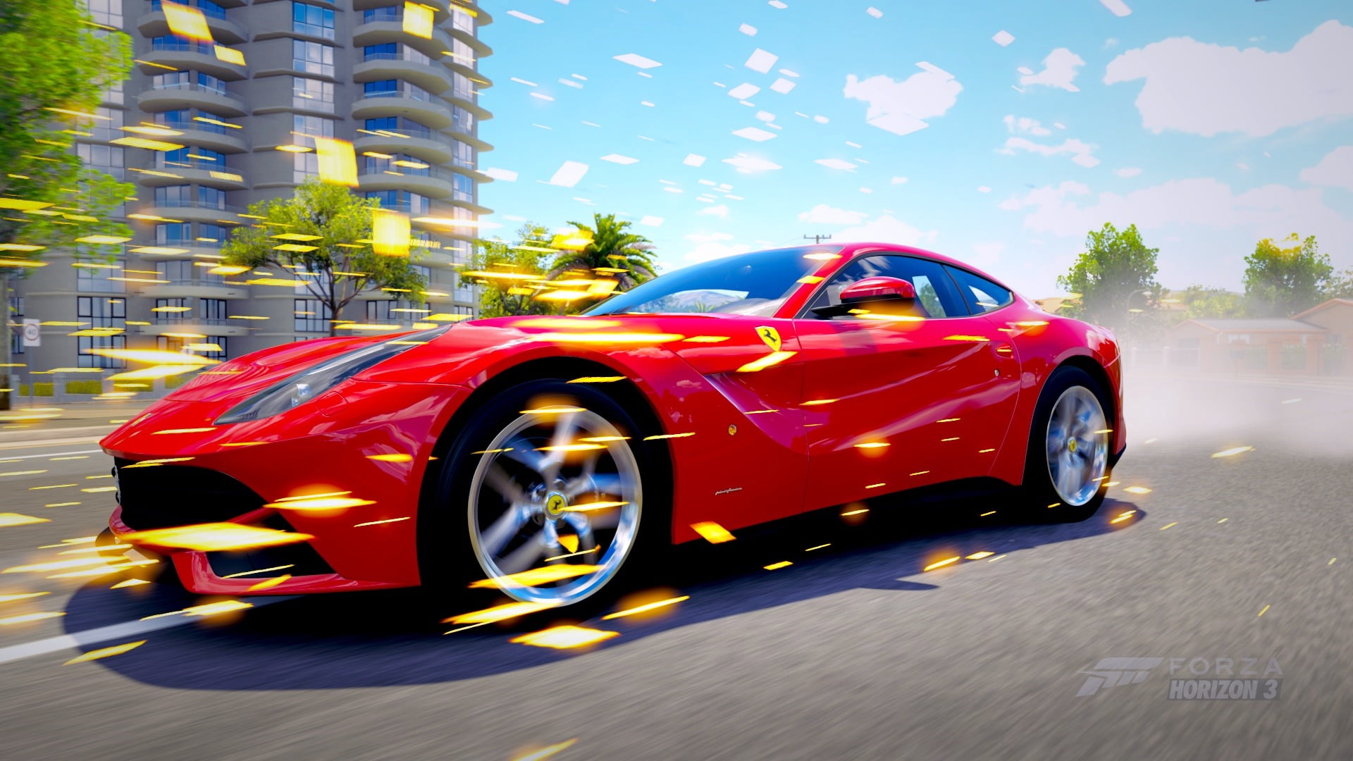 wheel, built structure, speed, road, 1080P, motor vehicle, mode of transportation, motion, day, video games, street, architecture, building exterior, Forza, HD Wallpaper