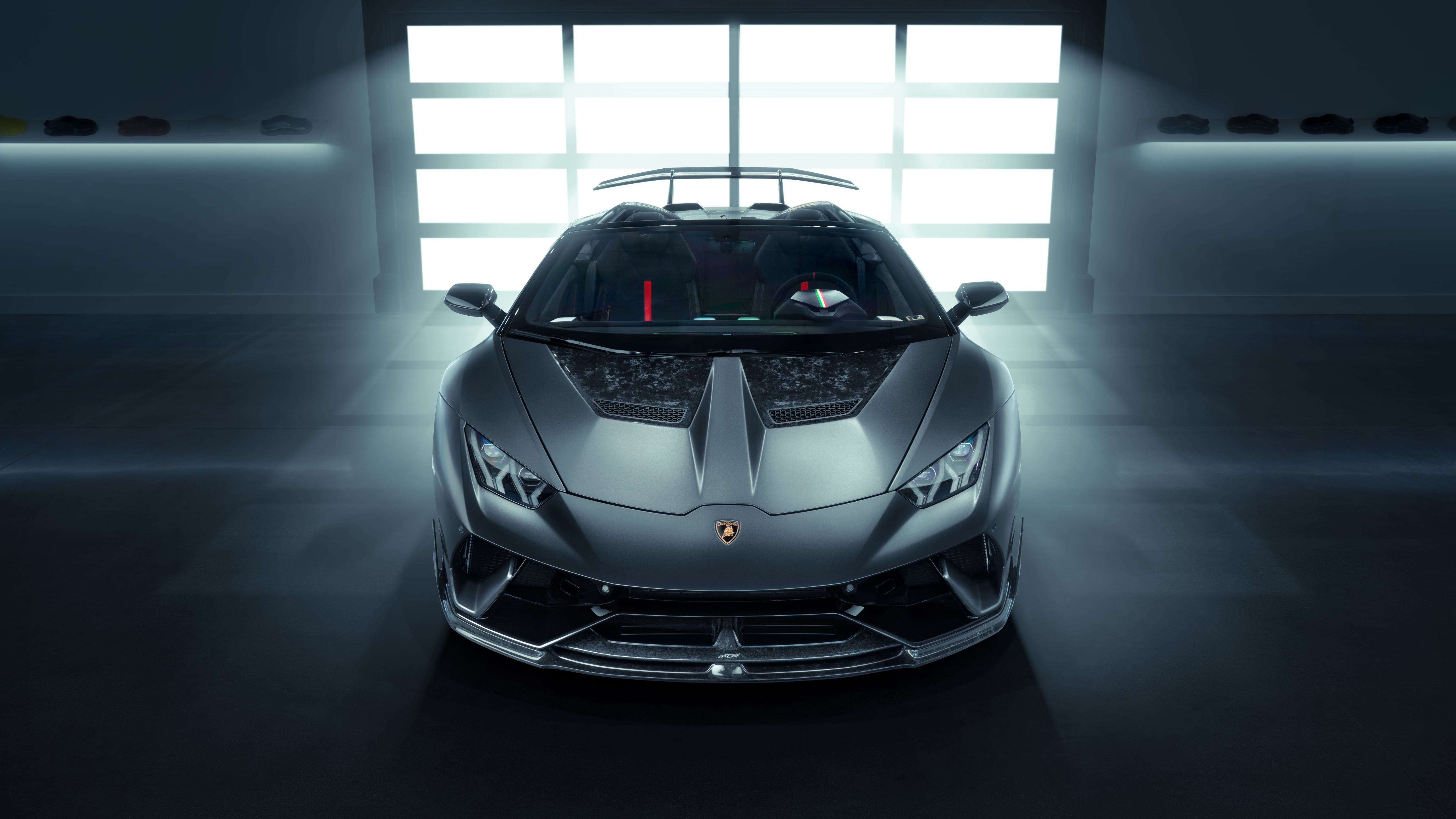 5K, low light, window, supercars, grey cars, Lamborghini Huracan, Lamborghini Huracan Performante, Spyder, Italian Supercars, HD Wallpaper
