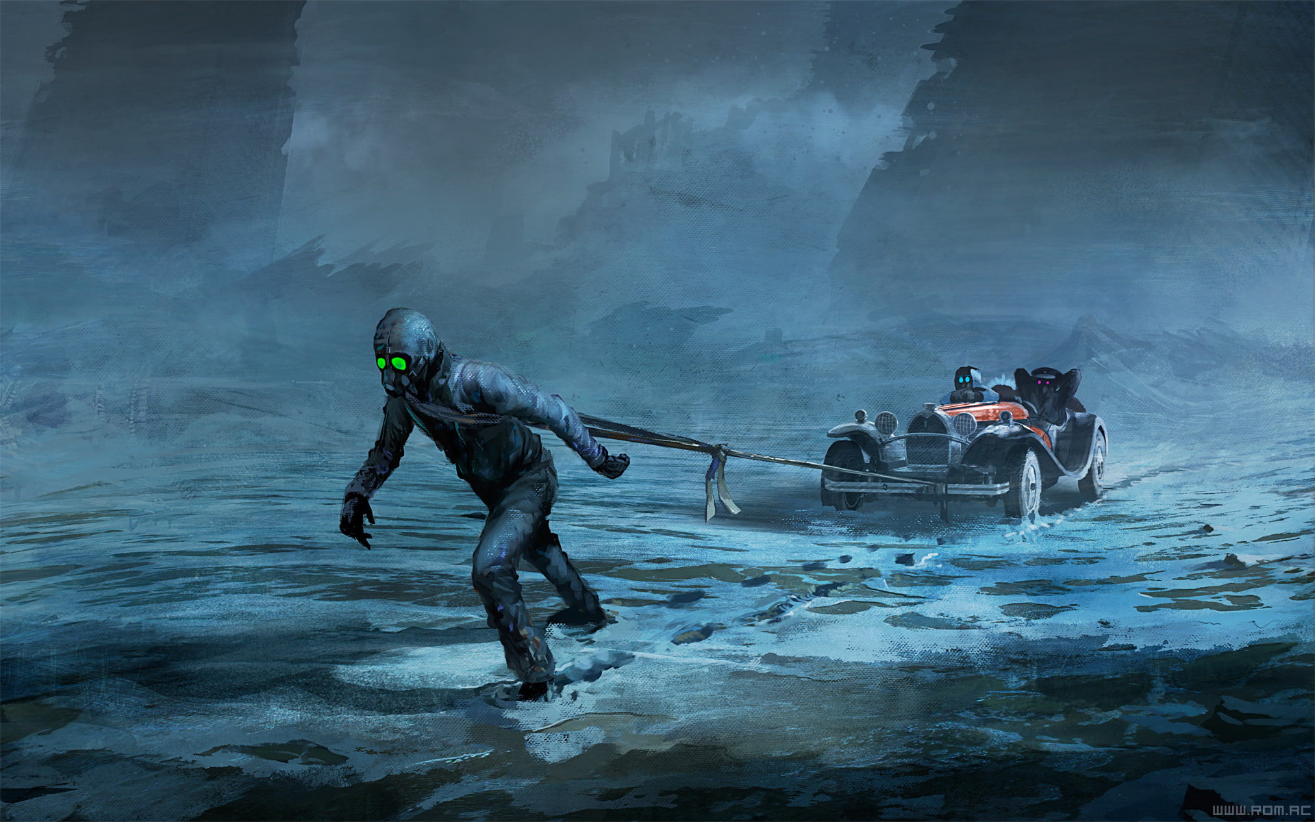 ropes, classic car, gas masks, fantasy art, 1080P, apocalyptic, ice, Romantically Apocalyptic, car, Cabrio, digital art, HD Wallpaper