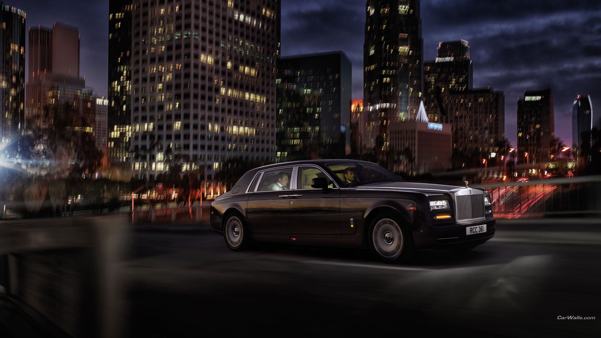 sedan, mercedes, street, city, road, 1080P, city street, car, built structure, blurred motion, Rolls-Royce Phantom, illuminated, night, outdoors, office building exterior, HD Wallpaper