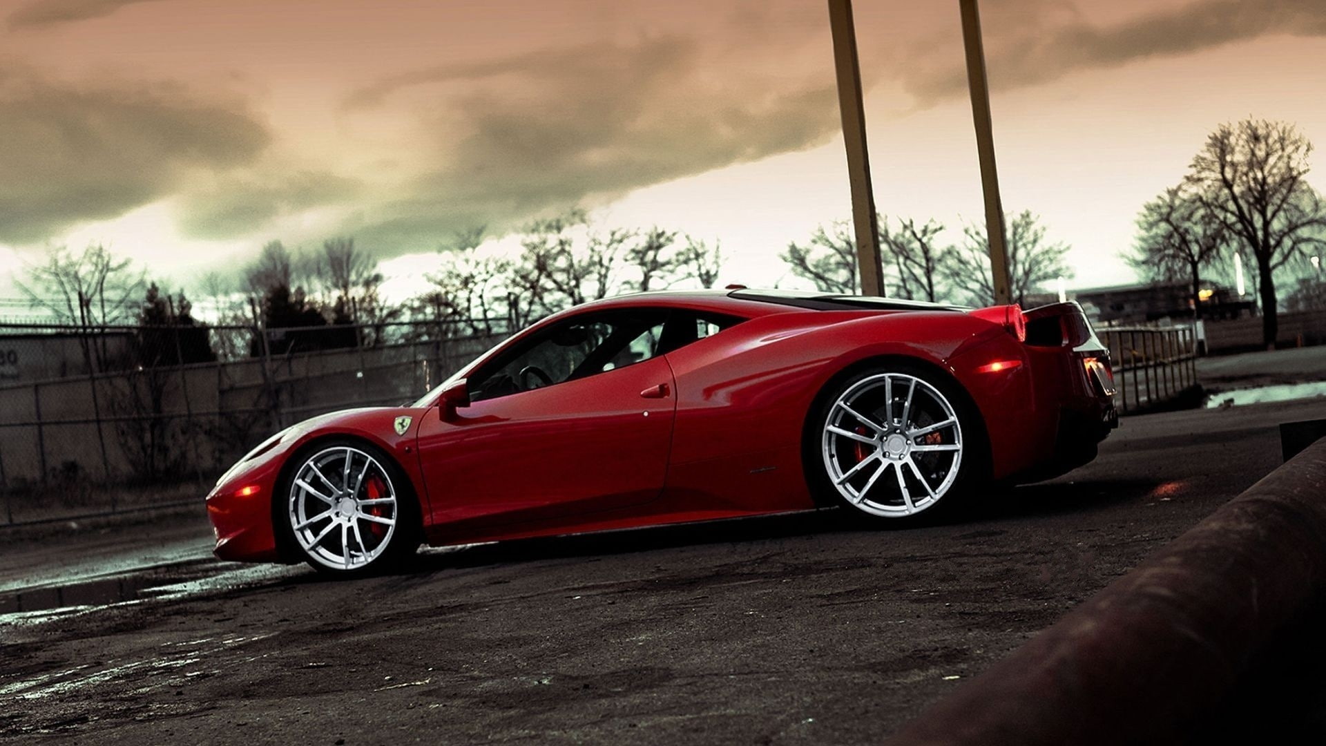 vehicle, sports car, outdoors, red, no people, mode of transportation, tire, motion, cloud - sky, transportation, tree, luxury, 1080P, sky, road, Ferrari 458, HD Wallpaper