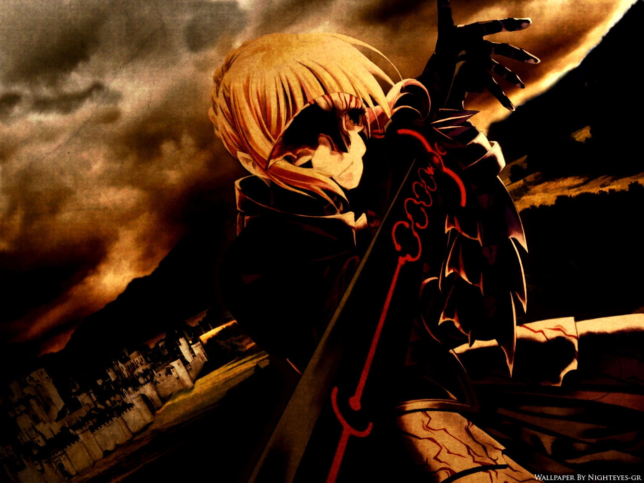 fate, blood, night, blonde, stay, saber, art, Black, 720P, cloud, alter, AWSOME, hd, anime, HD Wallpaper