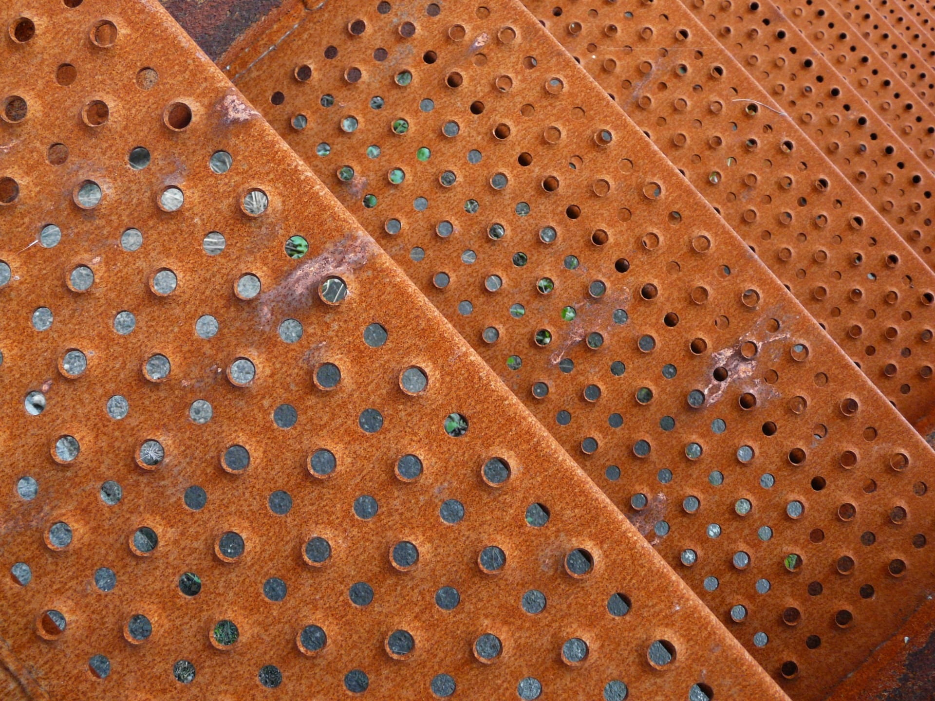 textured, seat, the past, day, indoors, 1080P, perforation, perforated, backgrounds, shape, no people, steps, hole, spotted, rust, industrial, high angle view, HD Wallpaper