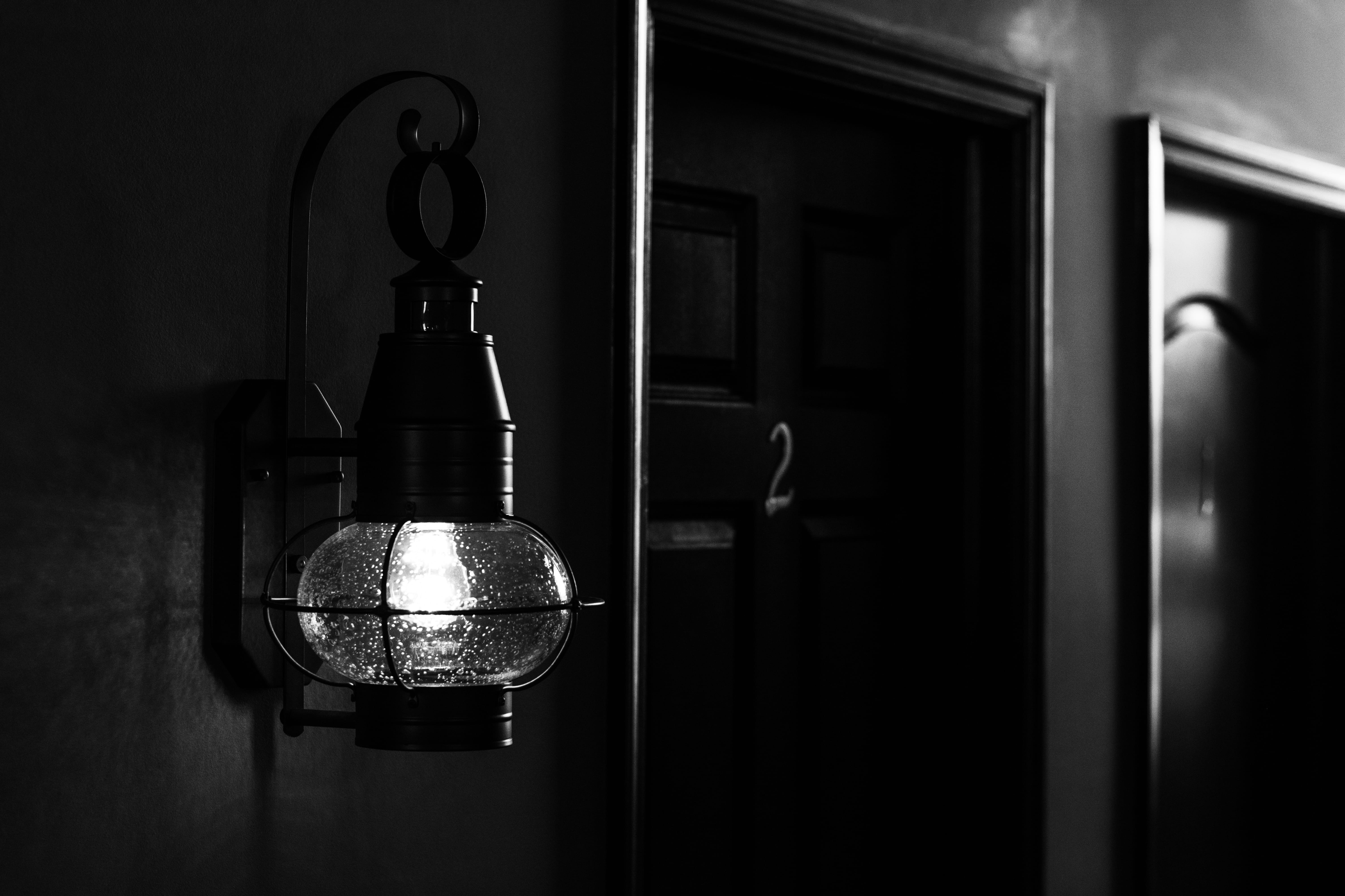 shadow, ceiling, transparent, close-up, architecture, still life, indoors, lamp, domestic kitchen, dark, room, monochrome, sconce, building, metal, grayscale, HD Wallpaper