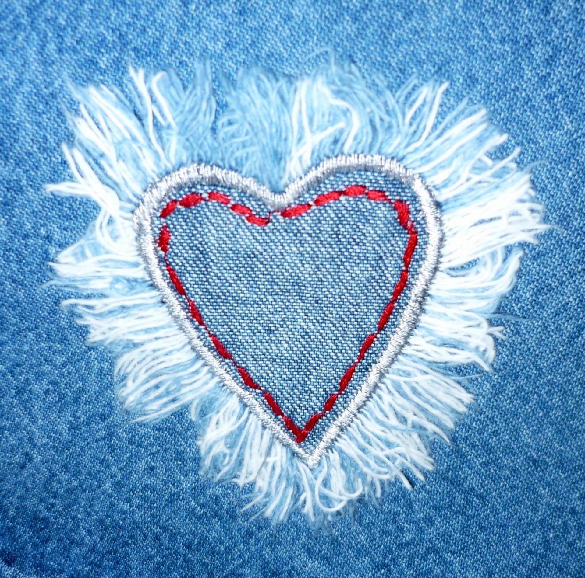 fashion, still life, valentines day - holiday, design, style, 1080P, indoors, creativity, red, jeans, craft, texture, fabric, heart shape, pattern, embroidery, HD Wallpaper
