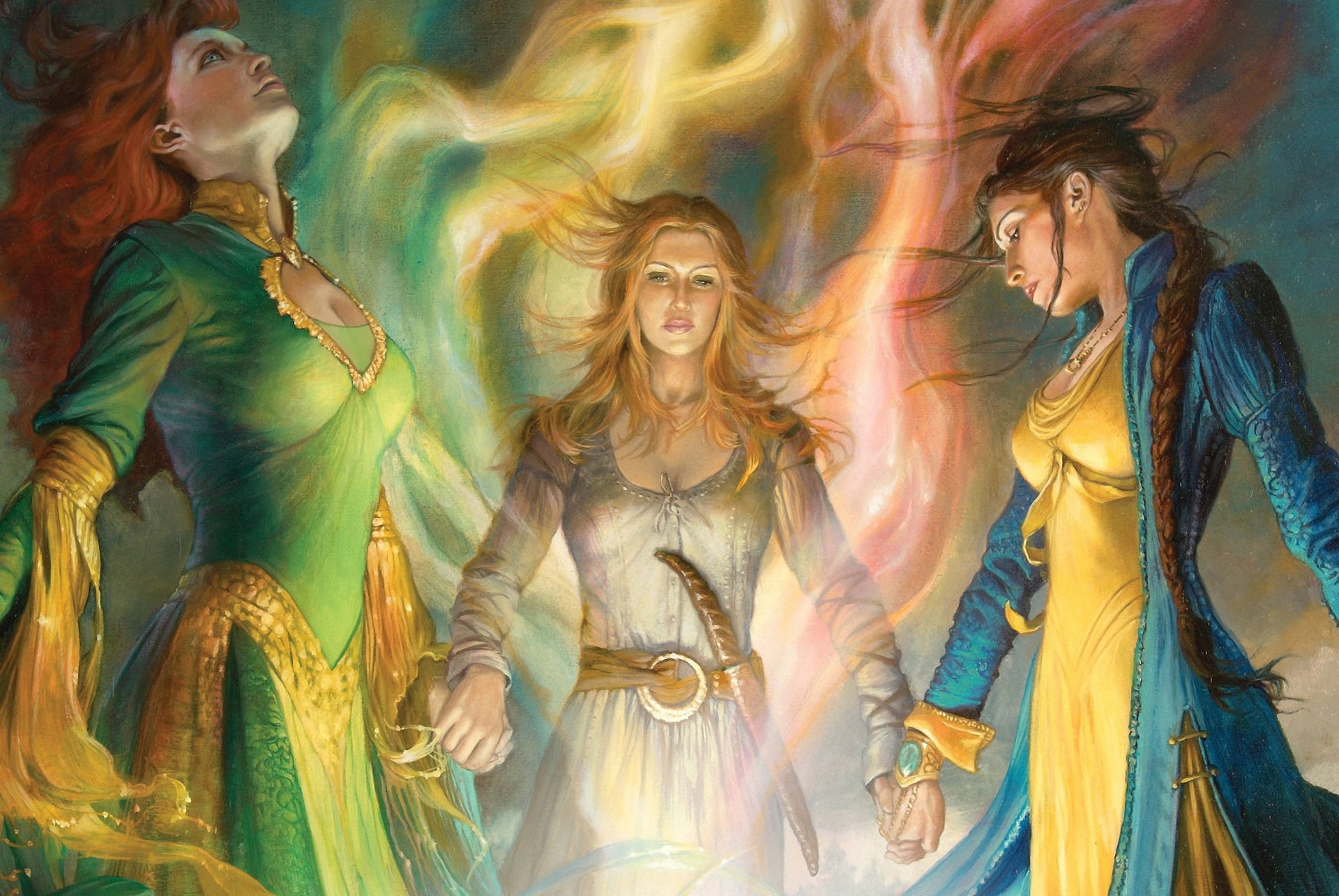 Aes Sedai, Nynaeve alMeara, Aviendha, Robert Jordan, Elaine Trakand, Nynaeve al World, 1080P, illustration to the book, bowl of the winds, The Path of Daggers, HD Wallpaper