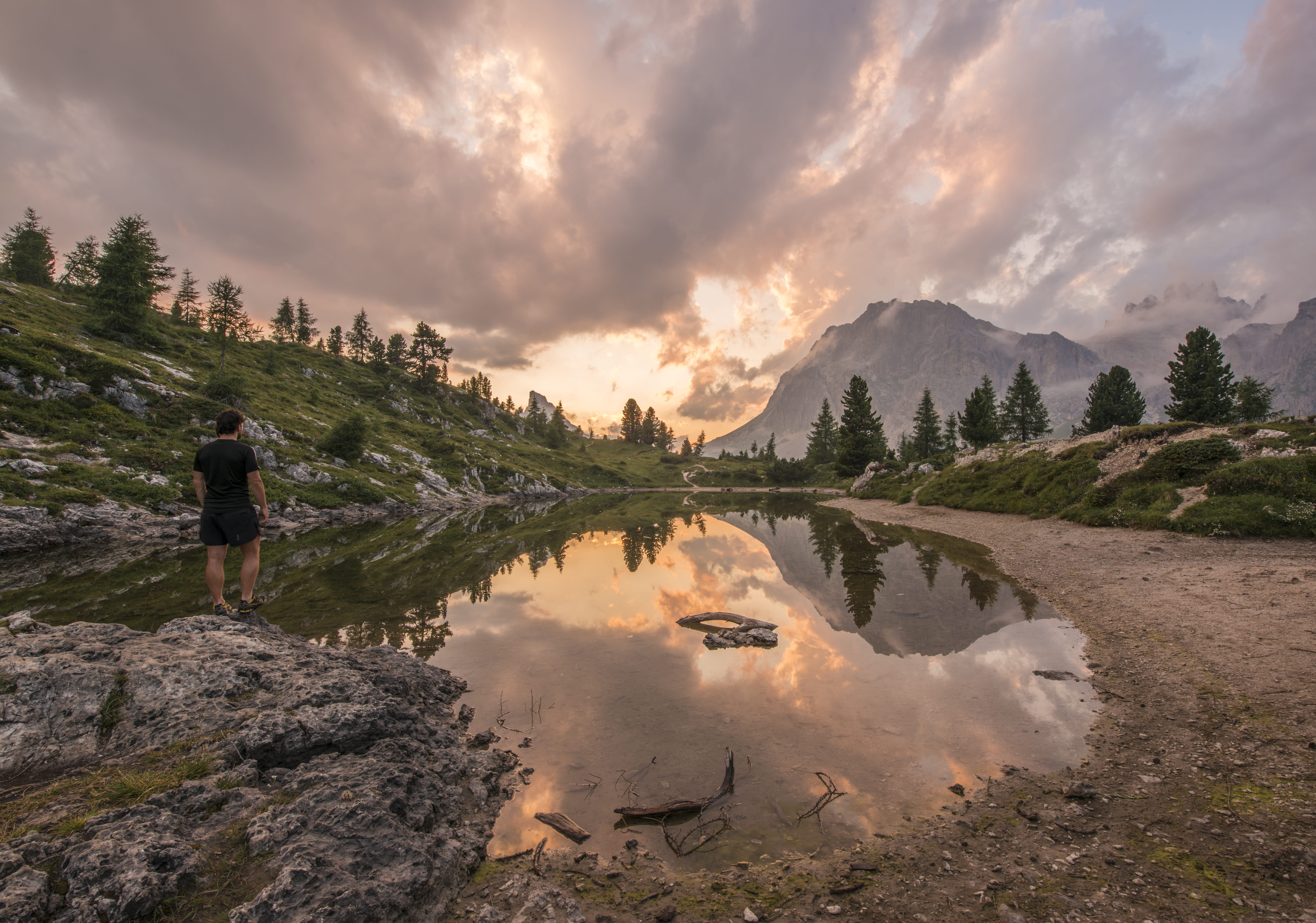 leisure activity, non-urban scene, sunset, rear view, scenics, adventure, mountain, stands, river, clouds, real people, tranquil scene, rock, scenics - nature, HD Wallpaper