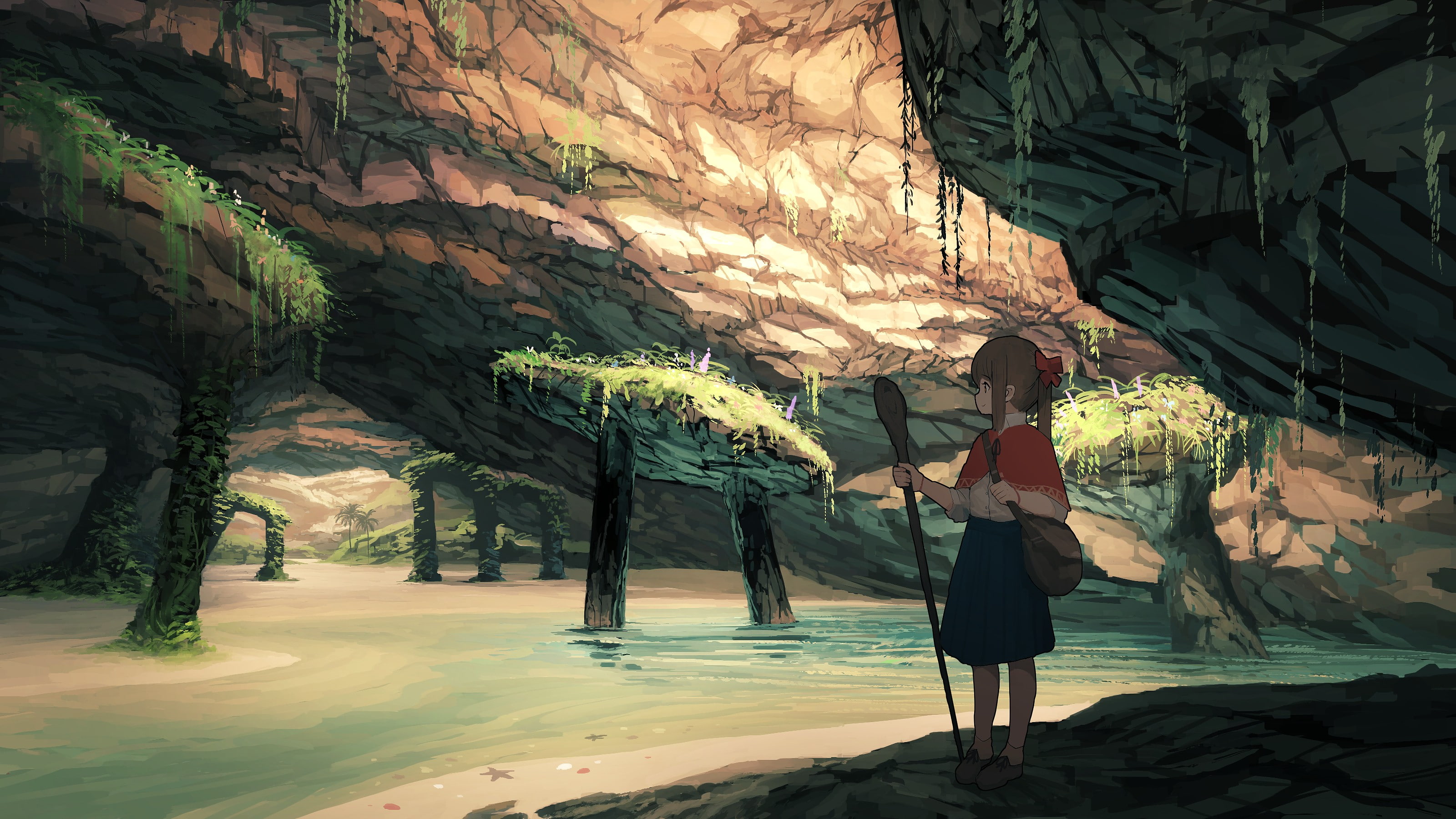 landscape, anime, underground, nature, 2K, cave, HD Wallpaper