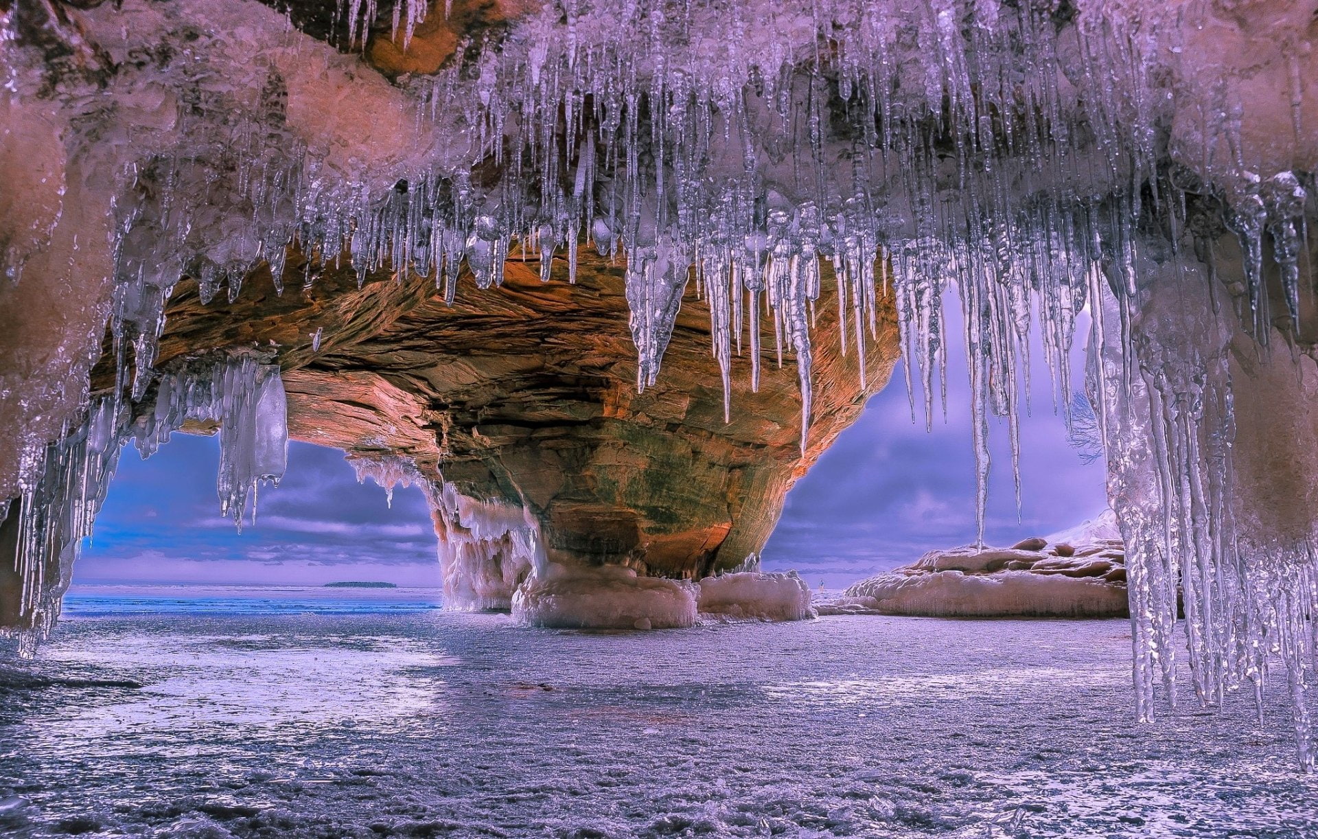 Winter, Earth, rock formation, 1080P, tranquility, Rock, waterfront, physical geography, day, beauty in nature, Cave, no people, Sea, non-urban scene, HD Wallpaper