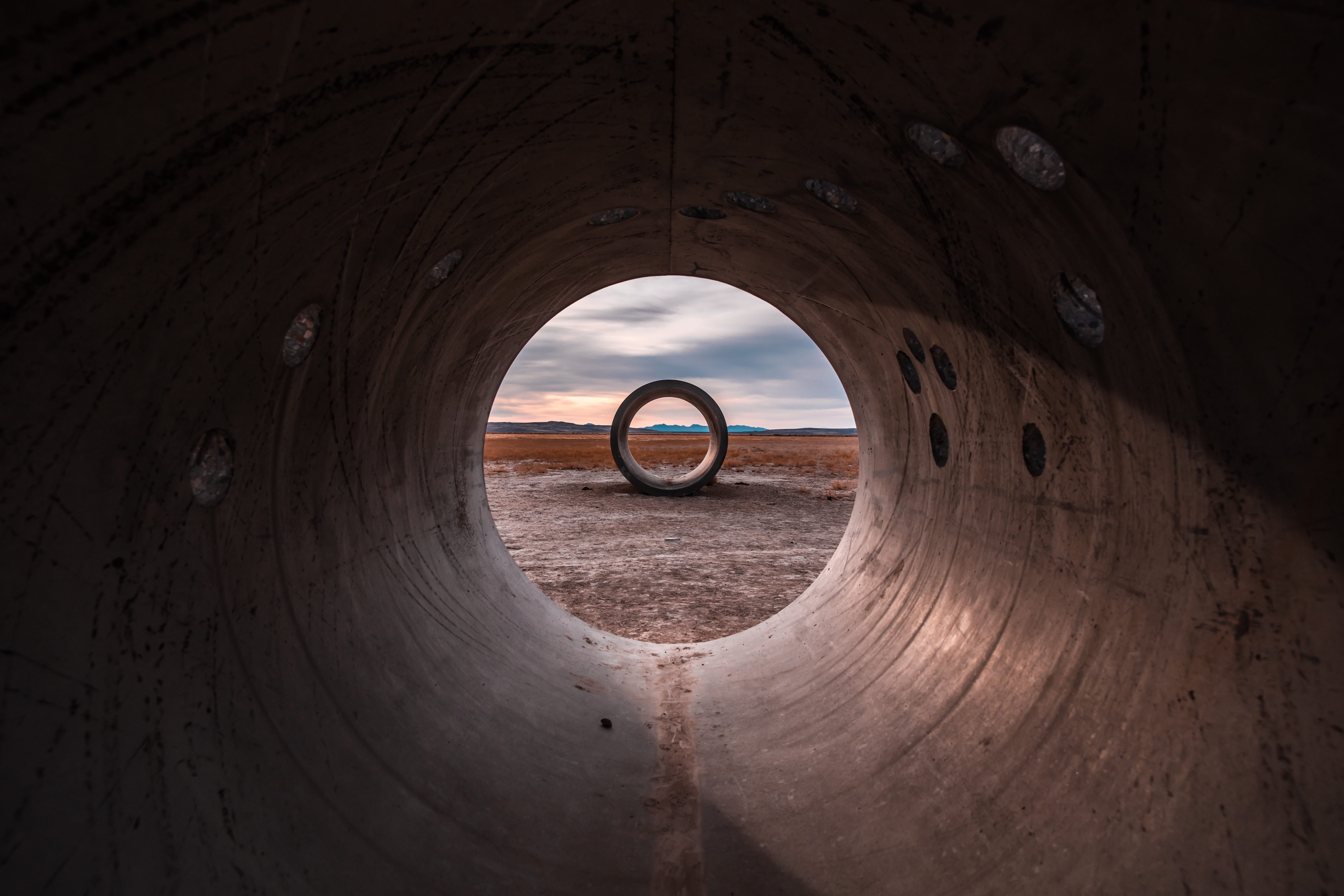 geometric shape, pipe, hole, tunnel, outdoors, design, minimal landscape, circle, wall - building feature, cloud - sky, desert, built structure, cement, HD Wallpaper