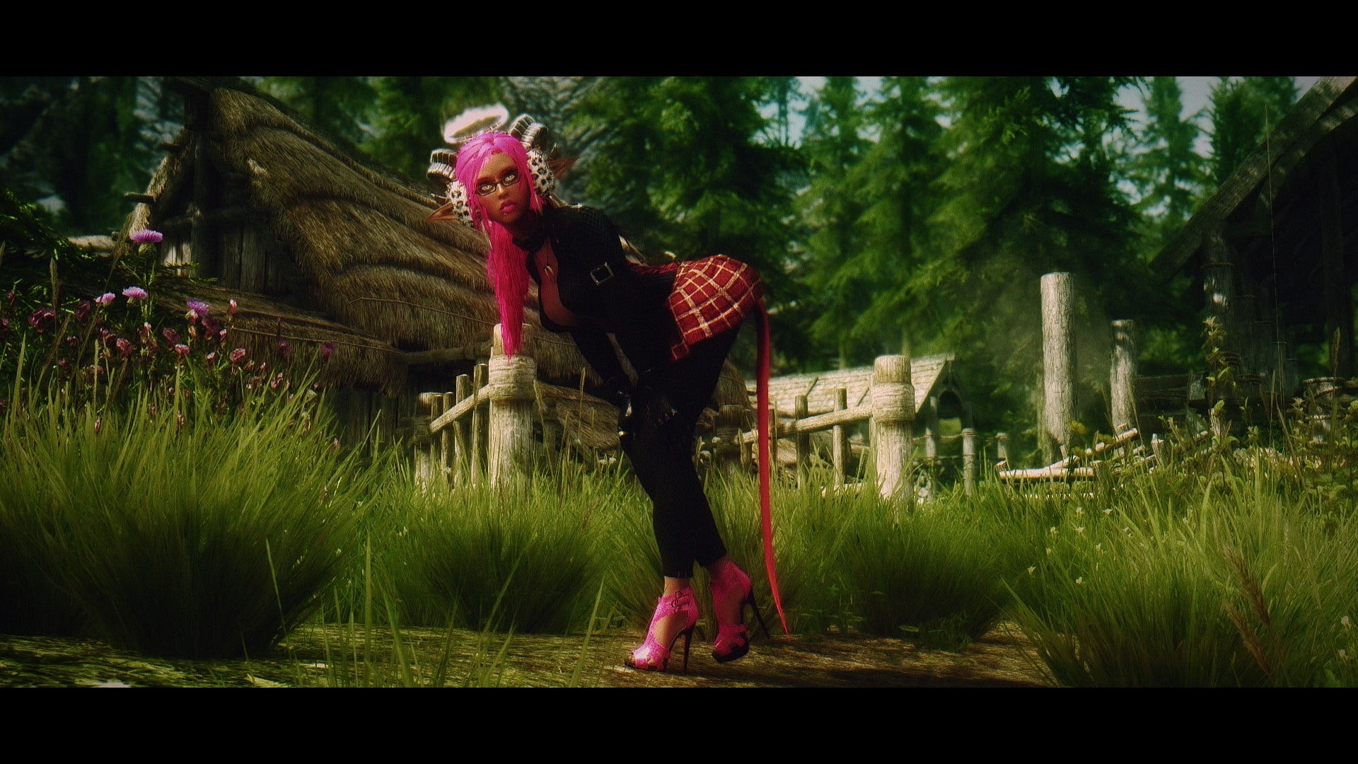 female, women, tartan, 1080P, land, lifestyles, adult, pink, nature, tree, haired, anime, standing, one person, low section, plant, auto post production filter, HD Wallpaper