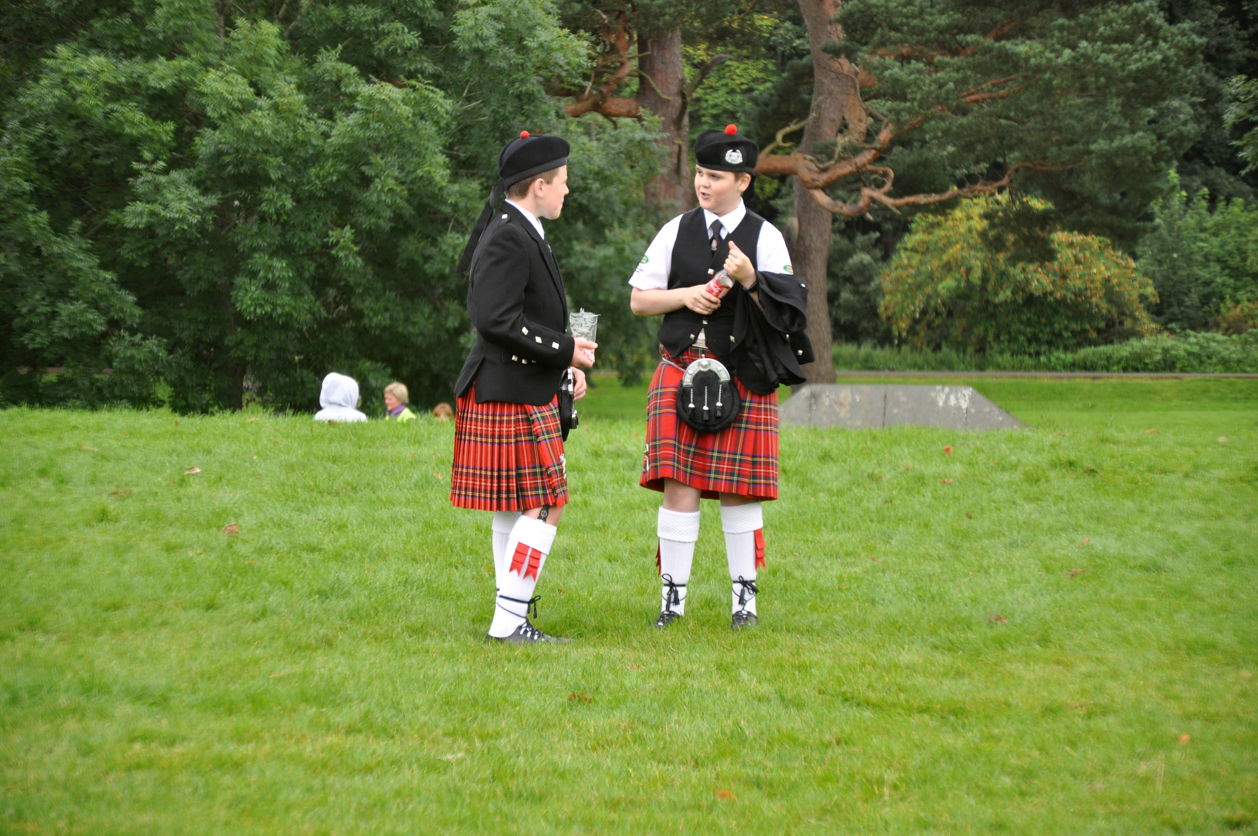 men, plant, tree, green color, traditional clothing, grass, standing, tartan, united kingdom, clothing, entertainment, leisure activity, people, costume, HD Wallpaper