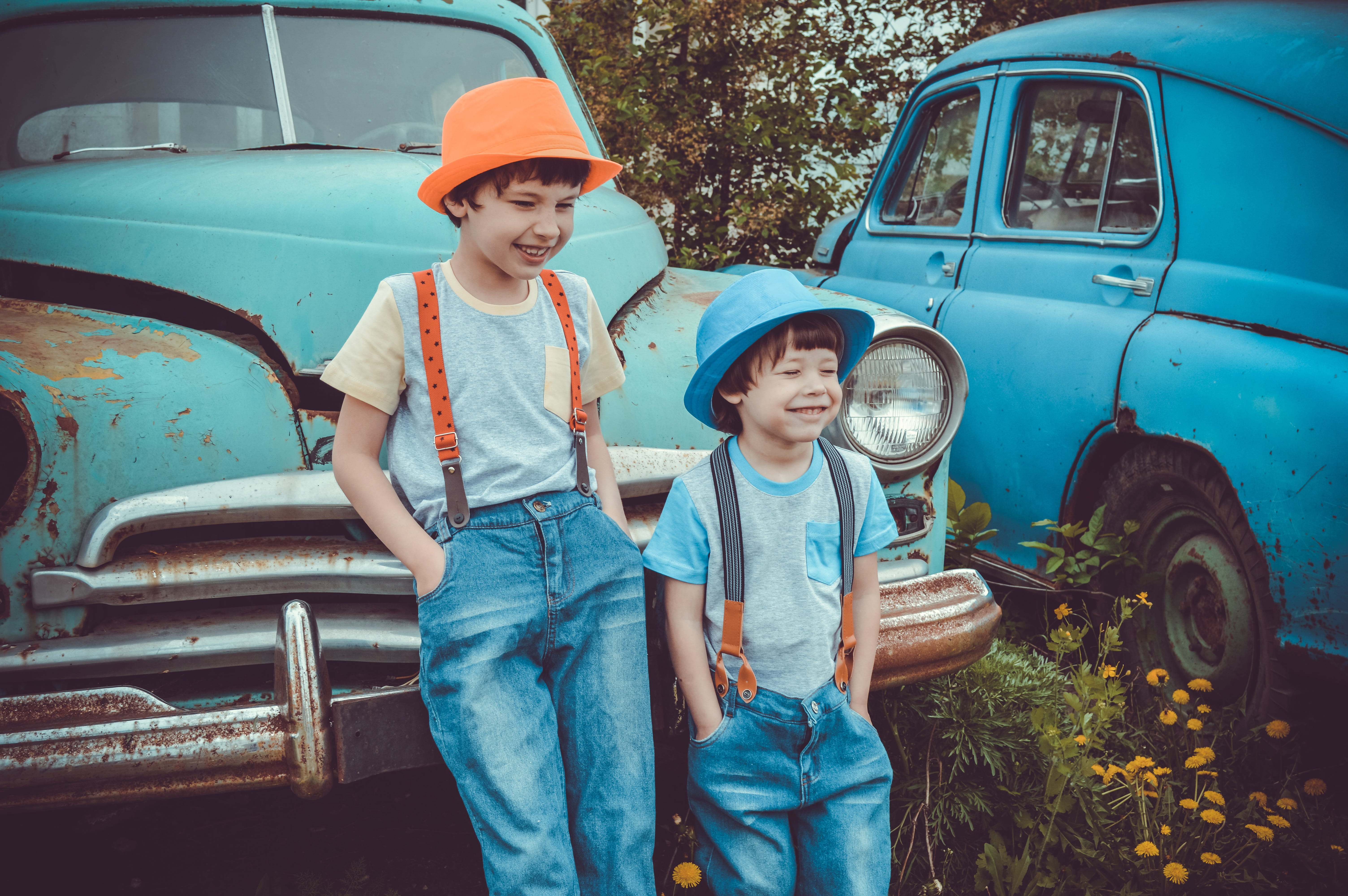 two, kids, retro-car, motor vehicle, sister, the ussr, rarity, boys, vintage, 5K, smiling, leaning, females, car, hat, volga, nostalgia, standing, auto, HD Wallpaper