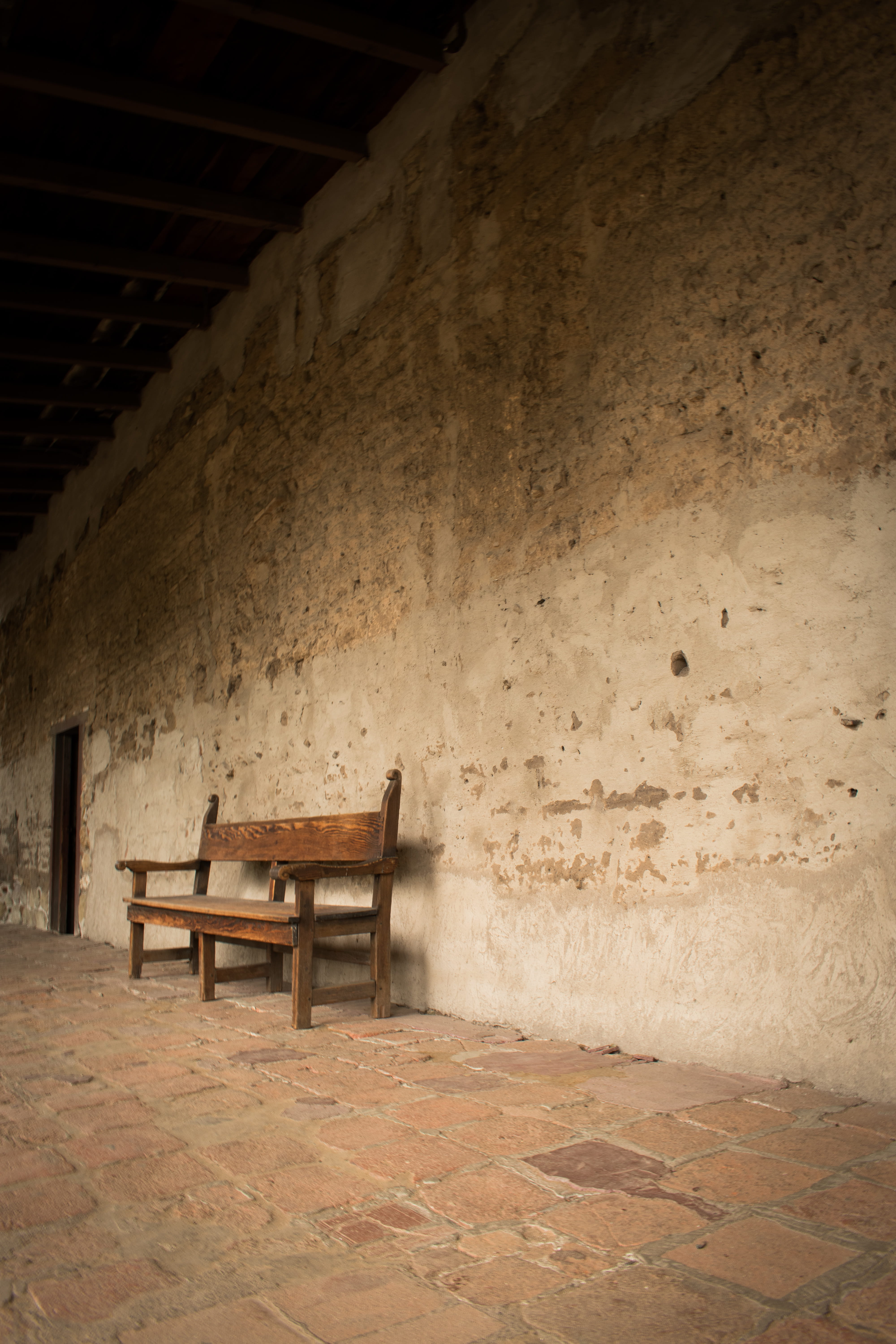 chair, ceiling, seat, old mission, old banch, brick wall, wall - building feature, indoors, empty, wall, vintage, abandoned, obsolete, dark, old, concrete, Phone HD Wallpaper