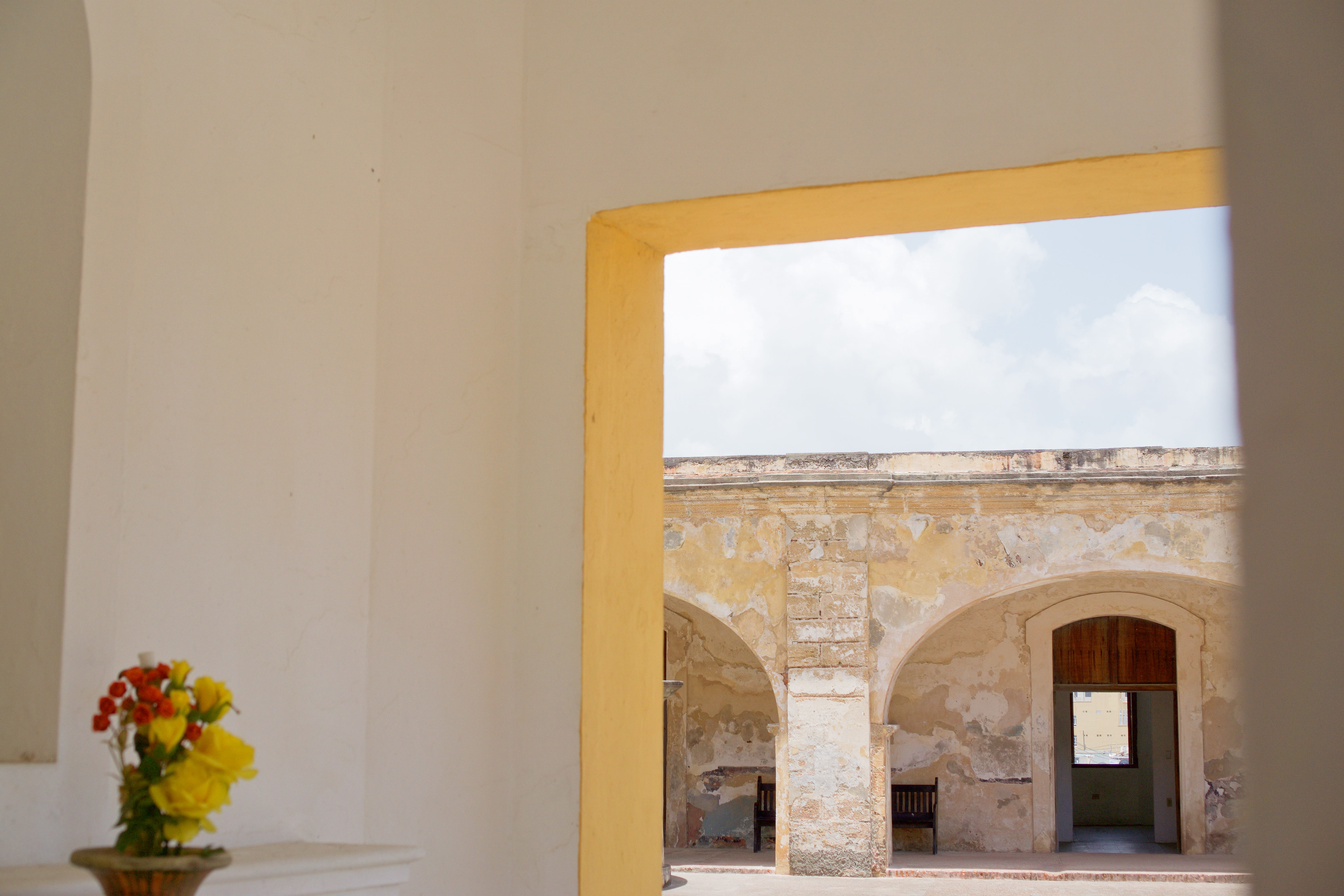 history, rooms, puerto rico, architecture, bouquet, old walls, plant, indoors, window, architectural column, yellow, cloudy, wall - building feature, day, HD Wallpaper