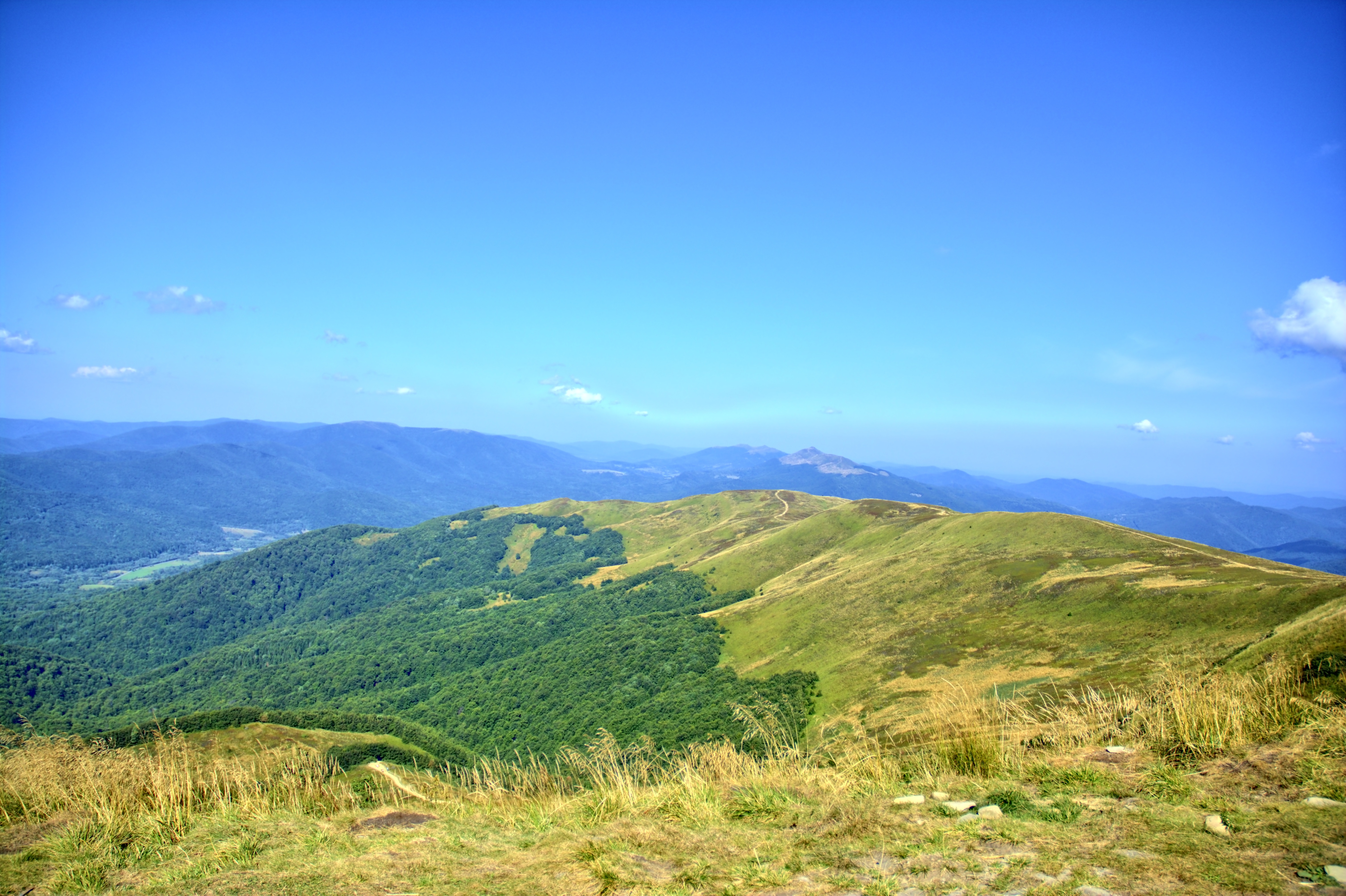 mountain range, outdoors, holidays, sunny, time of year, bieszczady, poland, trail, sky, travel, beauty in nature, tourism, idyllic, land, scenics - nature, HD Wallpaper