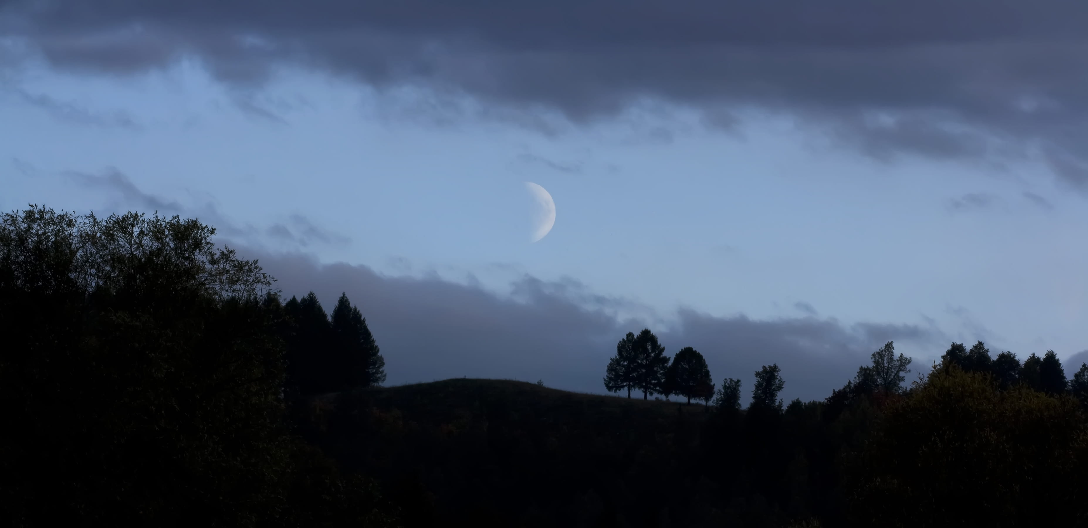 land, design, sunset, space, dark, cloud - sky, scene, twilight, no people, light, tree, plant, 2K, moon, time, lunar, moonlight, blue, stars, horizon, HD Wallpaper